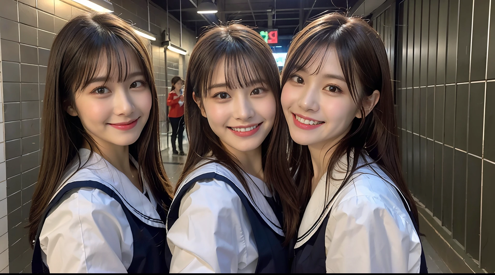 (8K、Raw photography、top-quality、masterpiece:1.2)、ultra-detailliert、ultra res、(hyper reality)、Everyone has a different face、Each face has its own distinctive features、hairstyle on、Hair color、ultra-detailliert、ultra res、(realisitic、Real Photographics:1.47)、(wave a hand at the camera)Woman waving here、Delicate, Feminine clean hands、de pele branca、Fair-skinned female proofreading、An ultra-high picture quality、Stylish lighting、Beautiful female proofreading reflecting in light、amazing detailed、Beautiful girls in very detailed、Faces with different patterns、Different face patterns、Each hairstyle has its own characteristics、Farbe々Hairstyle、Farbe々Hair color、Circle of Angels、Super good friend、Good female proofreaders are playing、Having a conversation in a classroom at school、Brown hair shining in the light、One has a ponytail、、Modern cute high school girl、very detailed faces very detailed eyes、Very realistic skin、 extremely detailed fingers, highly detailed nose, highly detail mouth, perfect anatomia, Highly detailed sailor suit、highly detailed back ground,After school、Smiling school girls are gathered in the hallway of the school。They are hugging each other in uniform、Light from bright windows illuminates the classroom、The details of their hair and uniforms shine through.。, famous Japan idol, cute little, Realistic body, de pele branca, glistning skin, Slim body, Long straight hair, (Blunt bangs:1.2), two young women in school uniforms hugging each other in a hallway, two japanese schoolgirls posing, nixeu and sakimichan, TWICE, Seifuku, sakimichan, JK Uniform, wearing japanese school uniform,