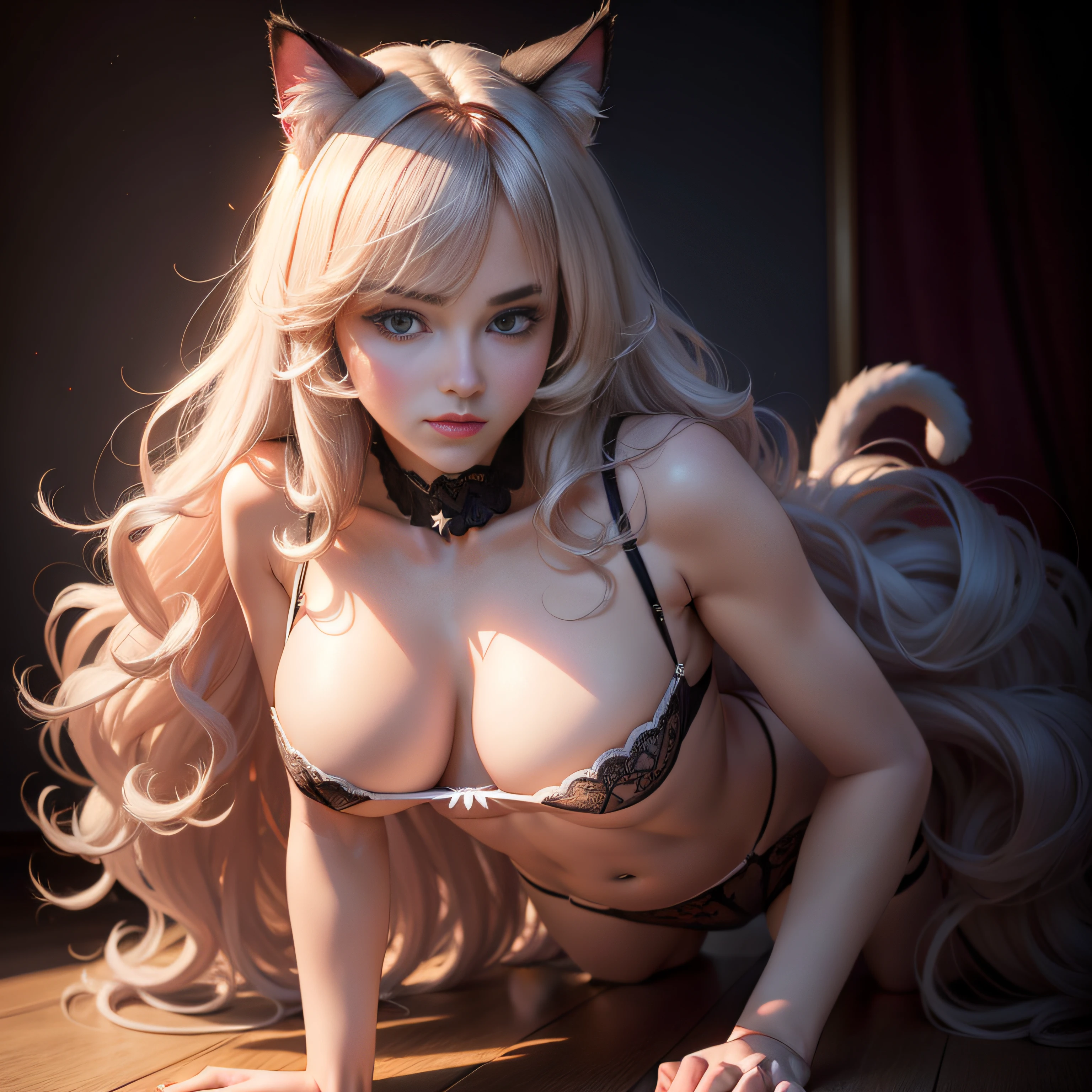 28-year-old mature beauty，Cat ears wear decorative fluff ultra-thin underwear，Crawl with your hands and knees touching the ground，Hair and its fluffiness，The eyes are big，having fun，Facing the camera squarely，Feminized long legs，The navel is exposed，best qualityer， tmasterpiece， A high resolution， Be red in the face， （seduct smile：0.8）， star-shaped bule pupils， Tyndall effect， realisticlying， edge lit， twotonelighting， （highdetailskin：1.2）， 8K  UHD， digital SLR camera， gentle illumination， high high quality， Volumetriclighting， Frankness， photore， A high resolution，Front fill light，Low-light contrast