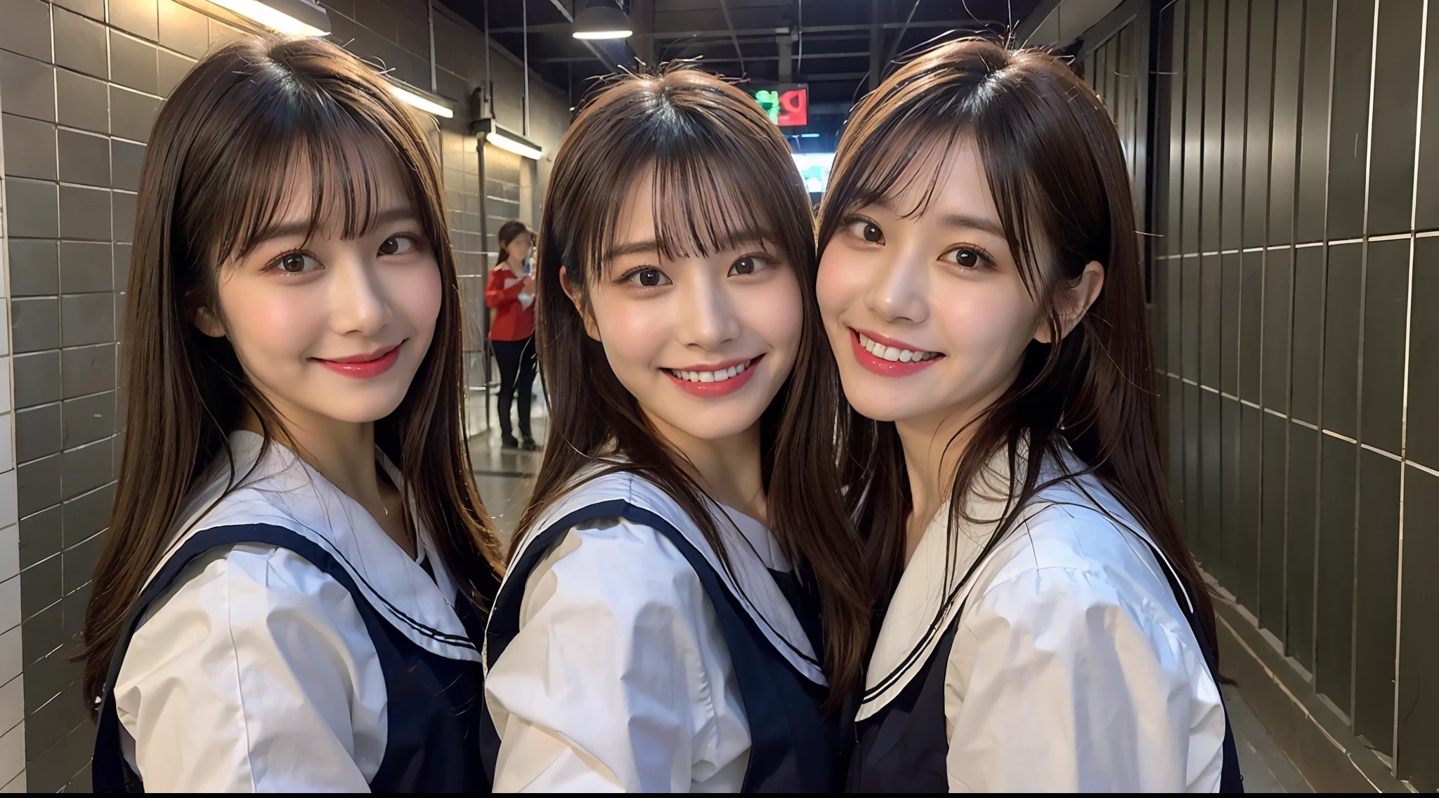 (8K、Raw photography、top-quality、masterpiece:1.2)、ultra-detailliert、ultra res、(hyper reality)、Everyone has a different face、Each face has its own distinctive features、hairstyle on、Hair color、ultra-detailliert、ultra res、(realisitic、Real Photographics:1.47)、(wave a hand at the camera)Woman waving here、Delicate, Feminine clean hands、de pele branca、Fair-skinned female proofreading、An ultra-high picture quality、Stylish lighting、Beautiful female proofreading reflecting in light、amazing detailed、Beautiful girls in very detailed、Faces with different patterns、Different face patterns、Each hairstyle has its own characteristics、Farbe々Hairstyle、Farbe々Hair color、Circle of Angels、Super good friend、Good female proofreaders are playing、Having a conversation in a classroom at school、Brown hair shining in the light、One has a ponytail、、Modern cute high school girl、very detailed faces very detailed eyes、Very realistic skin、 extremely detailed fingers, highly detailed nose, highly detail mouth, perfect anatomia, Highly detailed sailor suit、highly detailed back ground,After school、Smiling school girls are gathered in the hallway of the school。They are hugging each other in uniform、Light from bright windows illuminates the classroom、The details of their hair and uniforms shine through.。, famous Japan idol, cute little, Realistic body, de pele branca, glistning skin, Slim body, Long straight hair, (Blunt bangs:1.2), two young women in school uniforms hugging each other in a hallway, two japanese schoolgirls posing, nixeu and sakimichan, TWICE, Seifuku, sakimichan, JK Uniform, wearing japanese school uniform,
