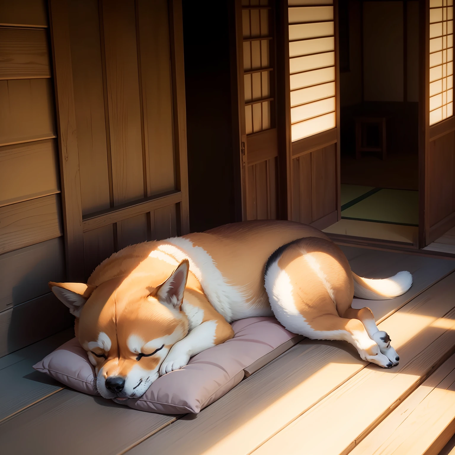 Shiba Inu sleeping on a cushion on the porch of an old folk house、A Japanese style、Dramatic、Cinematic style、Sunlight、top-quality、masterpiece