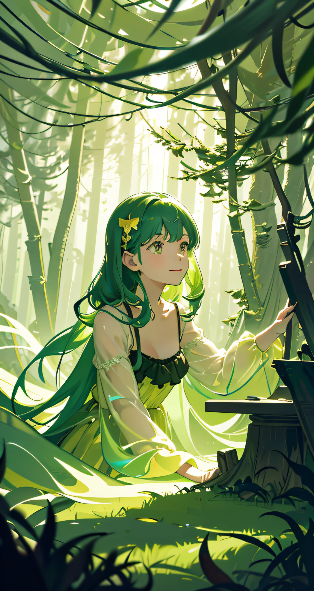 tmasterpiece,best qualtiy,cinematic Film still from,1girl,Floating in the forest,,Woods Girl,critters,(closeup cleavage:1.1),brightly,cheerfulness,intriguing,Tyndall Light,(bauhause,shape,lineworks,abstracted:1.1)
