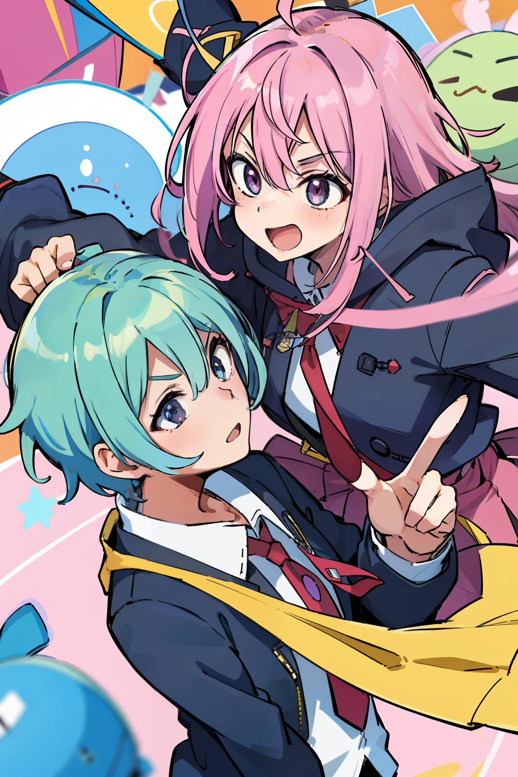 ((extremelydetailedCG)),((8K_Wallpaper)),(((masutepiece))),((top-quality)), ((Couple in love)), 1male people, 1womanl, Each of them has its characteristic movements and powers, Such as {move_1}, {move_2}, play,Scenes in a playful and dynamic environment {The setting}, With vivid colors and exaggerated expressions. While maintaining overall uniformity、Incorporate elements from each anime world、school background