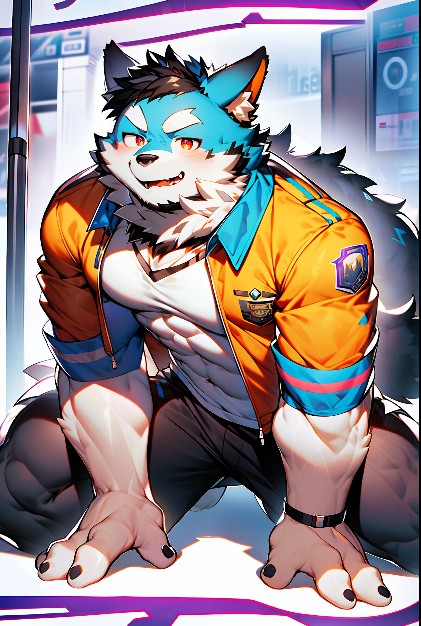 coyote,Furry,Dark blue pattern,Black hair,musculature,Muscle men,nakeness,Strong,ultraclear,Has a large ,Collar,Black shorts,Black sclera,red pupils,Abs,Red coat,The erection,Collar,Has a large ,der riese,tit,Solo,Stout arms,Storm jacket,Badge,Pronounced abs,ssmile,lbeard,Dim lighting,Purple vibe,subway station