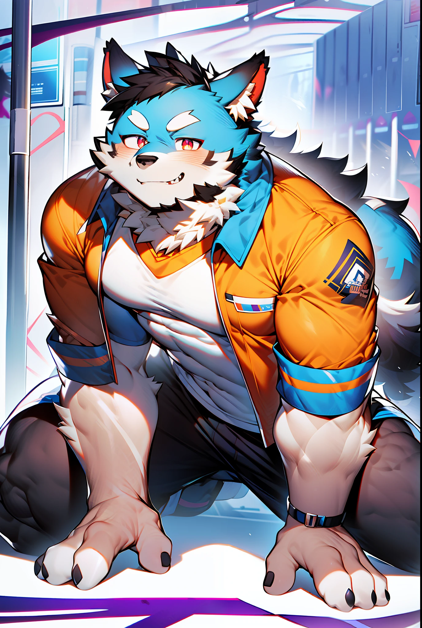 coyote，Furry，Dark blue pattern，Black hair，musculature，Muscle men，nakeness，Strong，ultraclear，Has a large ，Collar，Black  shorts，Black sclera，red pupils，Abs，Red coat，The erection，Collar，Has a large ，der riese，tit，Solo，Stout arms，Storm jacket，Badge，Pronounced abs，ssmile，lbeard，Dim lighting，Purple vibe，subway station