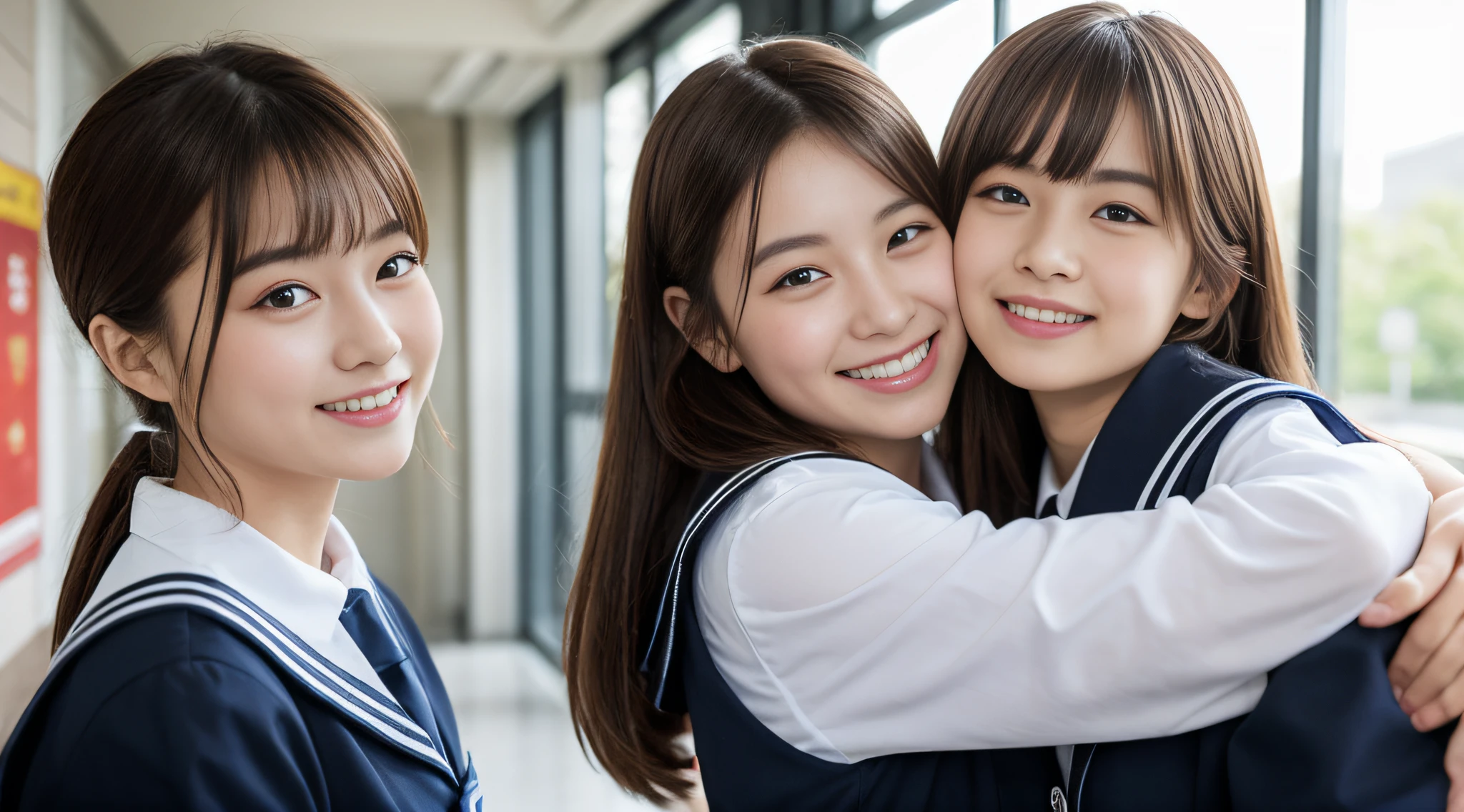 (8K、Raw photography、top-quality、masterpiece:1.2)、ultra-detailliert、ultra res、(hyper reality、)ultra-detailliert、ultra res、(realisitic、Real Photographics:1.47)、(wave a hand at the camera)Woman waving here、Delicate, Feminine clean hands、de pele branca、Fair-skinned female proofreading、An ultra-high picture quality、Stylish lighting、Beautiful female proofreading reflecting in light、amazing detailed、Beautiful girls in very detailed、Faces with different patterns、Different face patterns、Each hairstyle has its own characteristics、Farbe々Hairstyle、Farbe々Hair color、Circle of Angels、Super good friend、Good female proofreaders are playing、Having a conversation in a classroom at school、Brown hair shining in the light、One has a ponytail、、Modern cute high school girl、very detailed faces very detailed eyes、Very realistic skin、 extremely detailed fingers, highly detailed nose, highly detail mouth, perfect anatomia, Highly detailed sailor suit、highly detailed back ground,After school、Smiling school girls are gathered in the hallway of the school。They are hugging each other in uniform、Light from bright windows illuminates the classroom、The details of their hair and uniforms shine through.。, famous Japan idol, cute little, Realistic body, de pele branca, glistning skin, Slim body, Long straight hair, (Blunt bangs:1.2), two young women in school uniforms hugging each other in a hallway, two japanese schoolgirls posing, nixeu and sakimichan, TWICE, Seifuku, sakimichan, JK Uniform, wearing japanese school uniform,