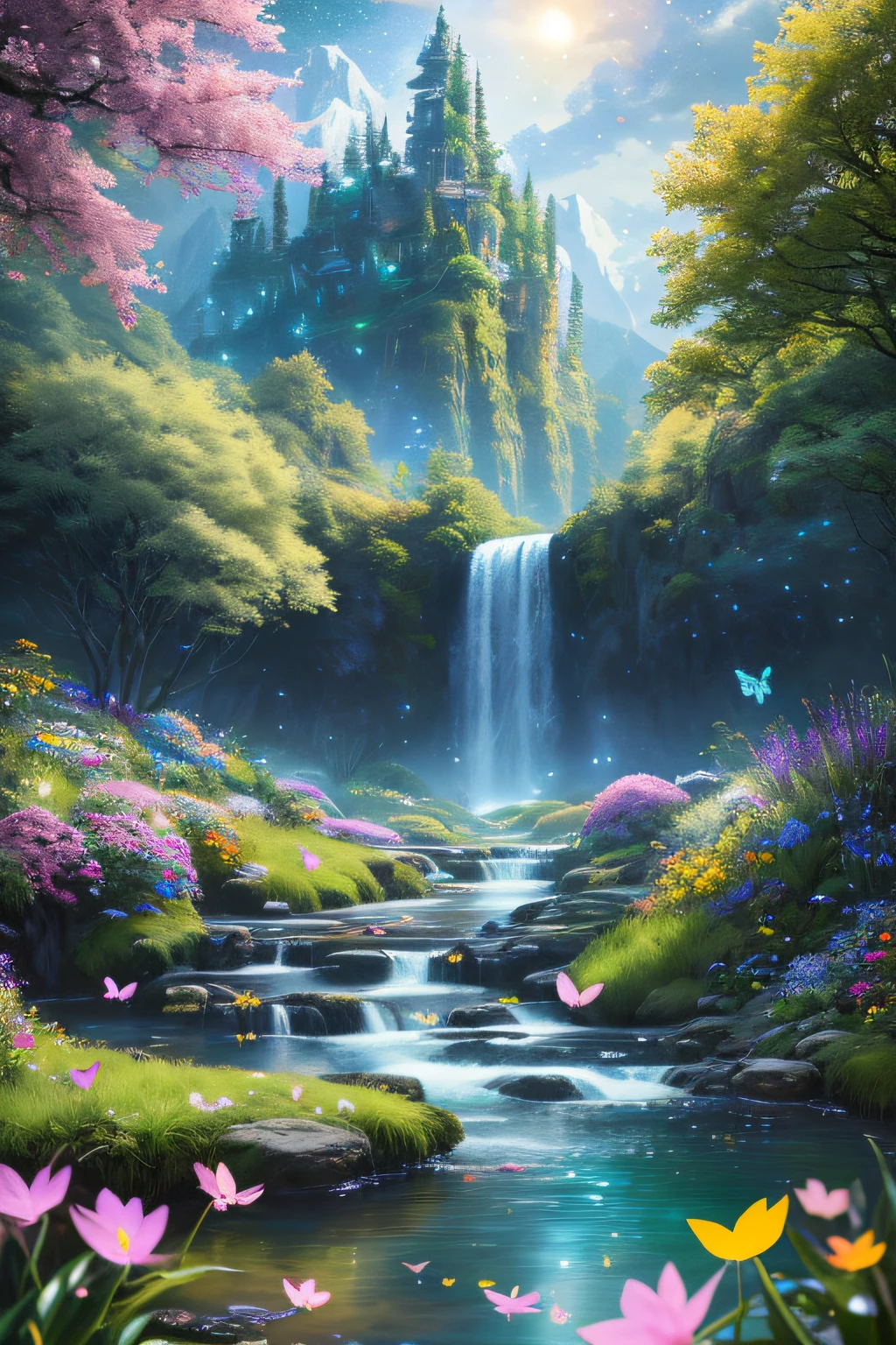 masterpiece, best quality, high quality, extremely detailed cg unity 8k wallpaper, an extremely colorful and purely fantasy environment with vibrant hues and a bright night sky, sky full of stars, landscape of bright green grass, colorful trees, glittering fruits, and bright glowing blue flowers. the streams are a deep shade of black, and the air is filled with sweet exotic scents. the environment appears to be taken out of a dream, with luminescent butterflies and giant colorful birds flying around, award winning photography, bokeh, depth of field, hdr, bloom, chromatic aberration ,photorealistic,extremely detailed, trending on artstation, trending on cgsociety, intricate, high detail, dramatic, art by midjourney