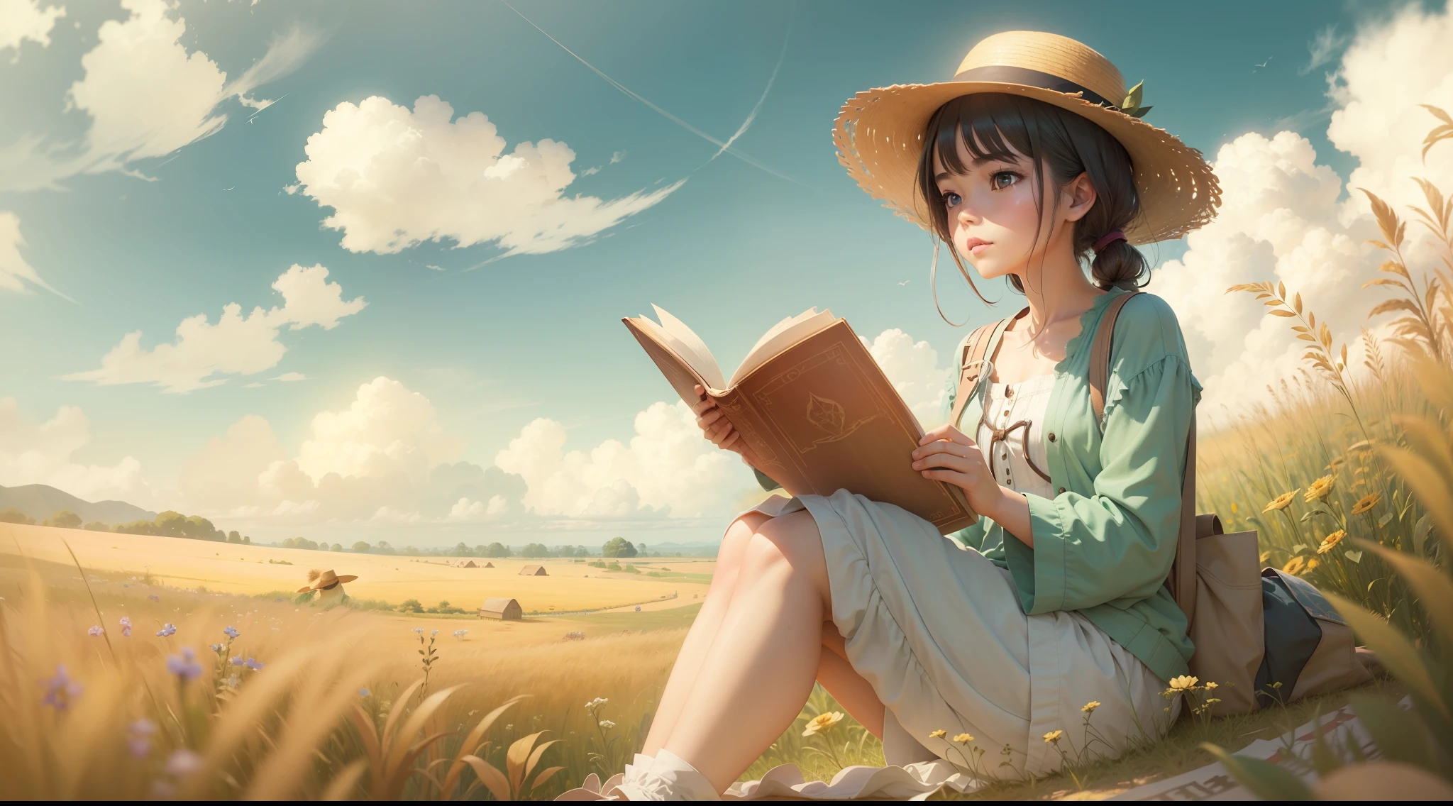 A young girl in a straw hat sits on a field path, Holding a book with an ideal blueprint, The gaze is fixed into the distance, There is a single cloud in the sky。Telescopic shot, high detail, anime, Romanticism, anime style, cinematic lighting, Fujicolor, ccurate, masterpiece, anatomically correct, high details, high quality, best quality, 8k