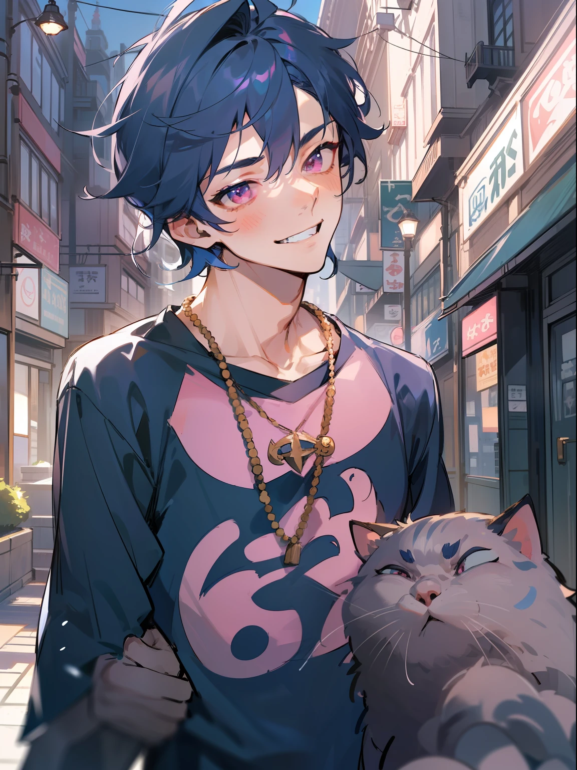 Ultra Detail,Haig Quality,sketch,1boy,matured male,Beautiful face,(Navy blue hair,Outer hair:1.3),Handsome men,Pearl skin,black tshirt,Moss Green Mod Court,Dynamic Angle,Japan Anime,Pink eyes,Laugh,Like a cat's eye,city,male in his 20s,