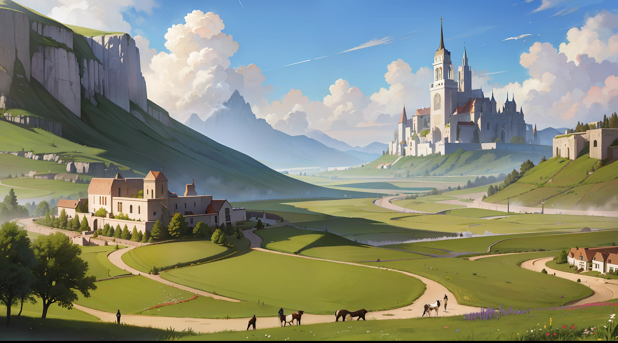 In the aftermath of Aiden's journey, the mystical Heart of Harmony shines its light across the land of Alveria. The once-drought-stricken village flourishes with blooming fields, and previously warring tribes now gather in harmony. The image captures the newfound peace and prosperity brought about by Aiden's selfless actions.