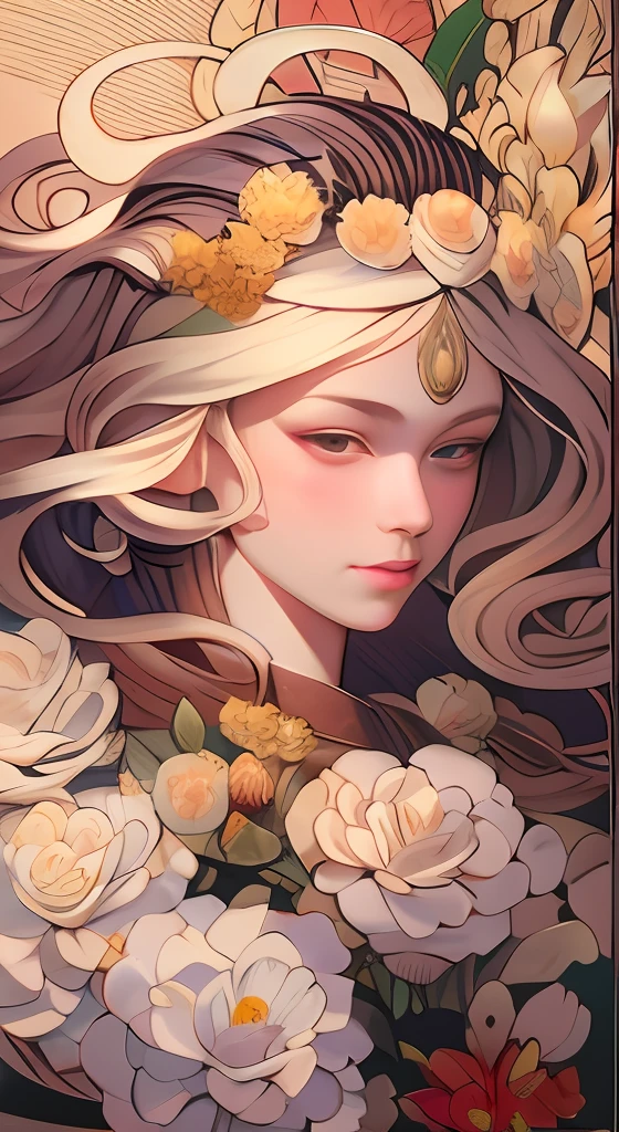 a drawing of a woman with flowers in her hair, cushart krenz key art feminine, anime fantasy illustration, anime fantasy artwork, fantasy art style, 2. 5 d cgi anime fantasy artwork, portrait of magical girl, high detailed official artwork, 8k high quality detailed art, vanillaware artwork, loish and wlop,a beautiful artwork illustration, detailed matte fantasy portrait, beautiful line art, great digital art with details, goddess. extremely high detail, 4k detailed digital art, stunning digital illustration, digital fantasy illustration,((Best quality)), ((masterpiece)), (detailed:1.4), 3D, an image of a beautiful female,HDR (High Dynamic Range),Ray Tracing,NVIDIA RTX,Super-Resolution,Unreal 5,Subsurface scattering,PBR Texturing,Post-processing,Anisotropic Filtering,Depth-of-field,Maximum clarity and sharpness,Multi-layered textures,Albedo and Specular maps,Surface shading,Accurate simulation of light-material interaction,Perfect proportions,Octane Render, Two-tone lighting,Wide aperture,Low ISO,White balance,Rule of thirds,8K RAW,subsurface scattering, best ratio of four fingers and one thumb