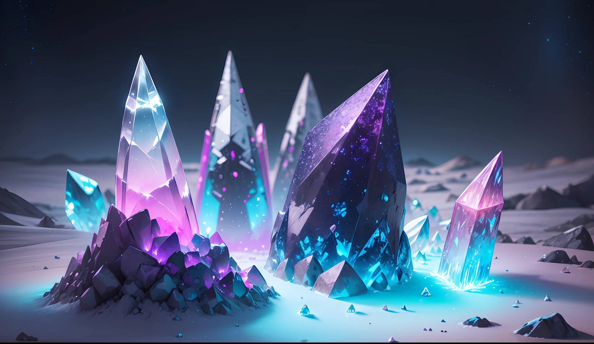 There are a lot of crystals and crystals on the ground, glowing crystals on the ground, luminous crystals, Glowing sparkling crystals, floating crystals, crystal desert, crystals enlight the scene, Cosmocrystalline, fantasy desert crystal island, Colorful 3D crystals, dimly glowing crystals, Beautiful crystals, Magical crystals, crystal lamp, crystals, colorful crystals, Floating magic rock, cave glowing stones --auto