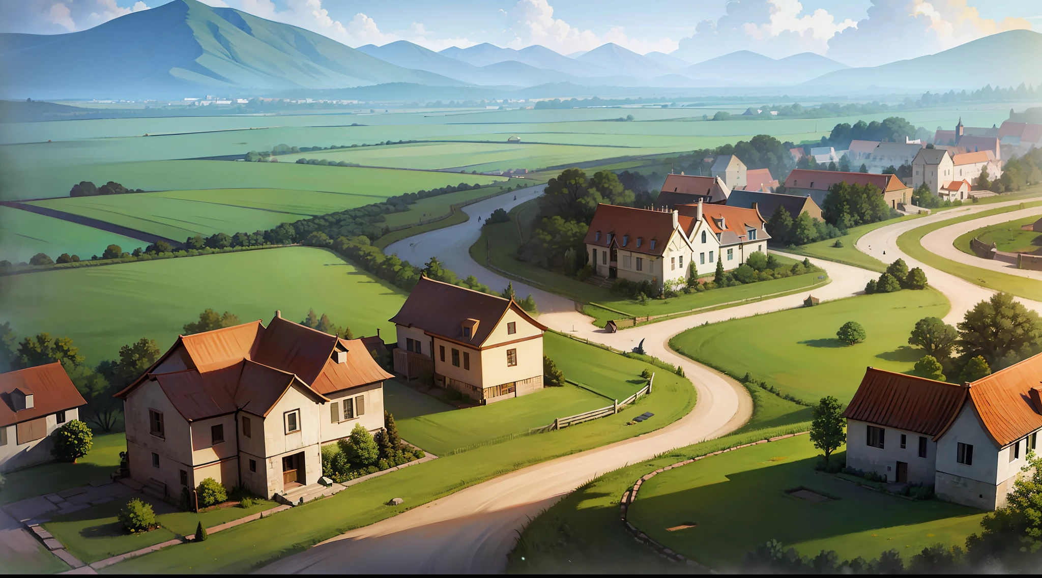 In the aftermath of Aiden's journey, the mystical Heart of Harmony shines its light across the land of Alveria. The once-drought-stricken village flourishes with blooming fields, and previously warring tribes now gather in harmony. The image captures the newfound peace and prosperity brought about by Aiden's selfless actions.