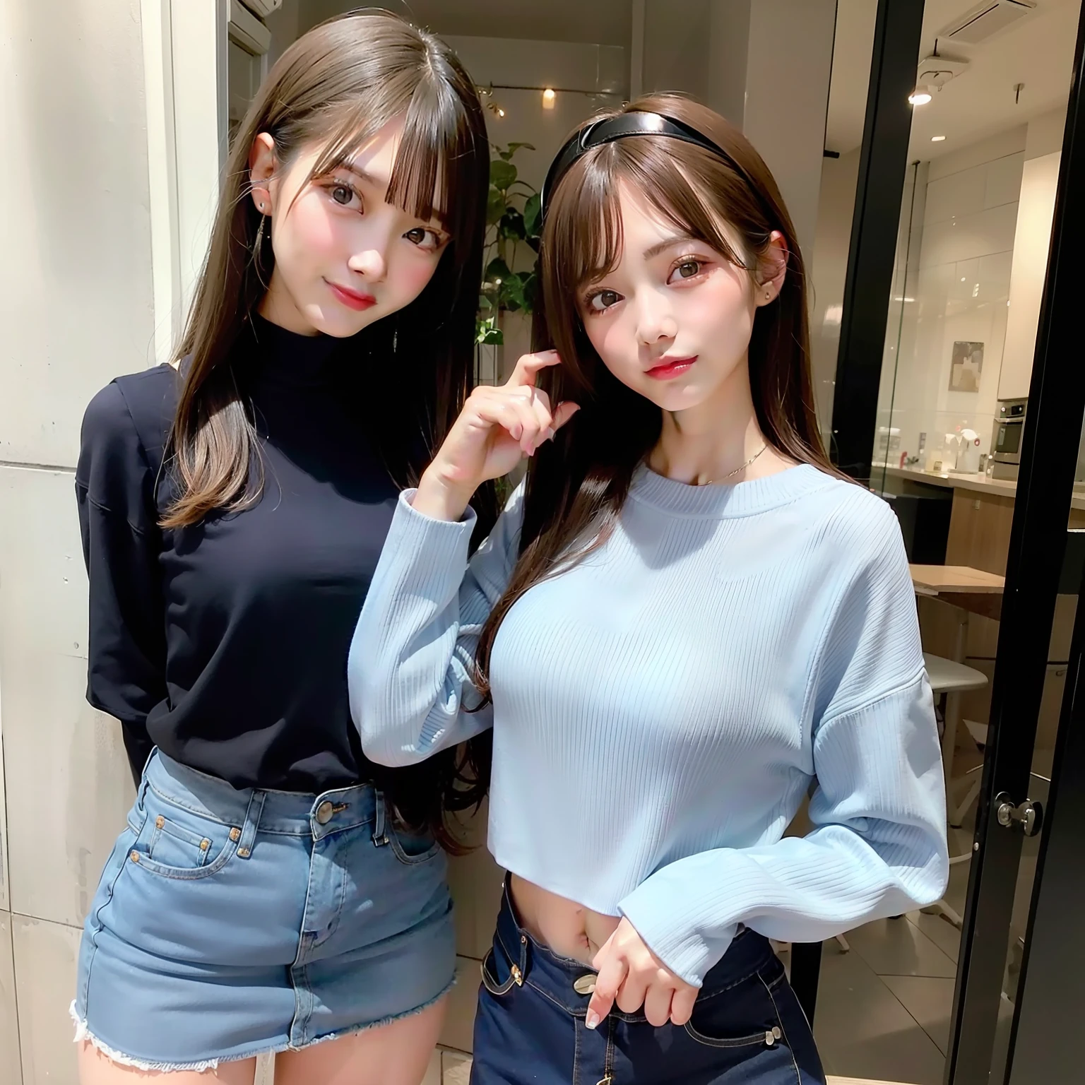 Girl in tight denim skirt posing for photo、full bodyesbian、no brassiere、Slim body、Petite bust、Slim girl model、24歳の女性モデル、Group of black men watching、Cute headbands、with collar、Full visible