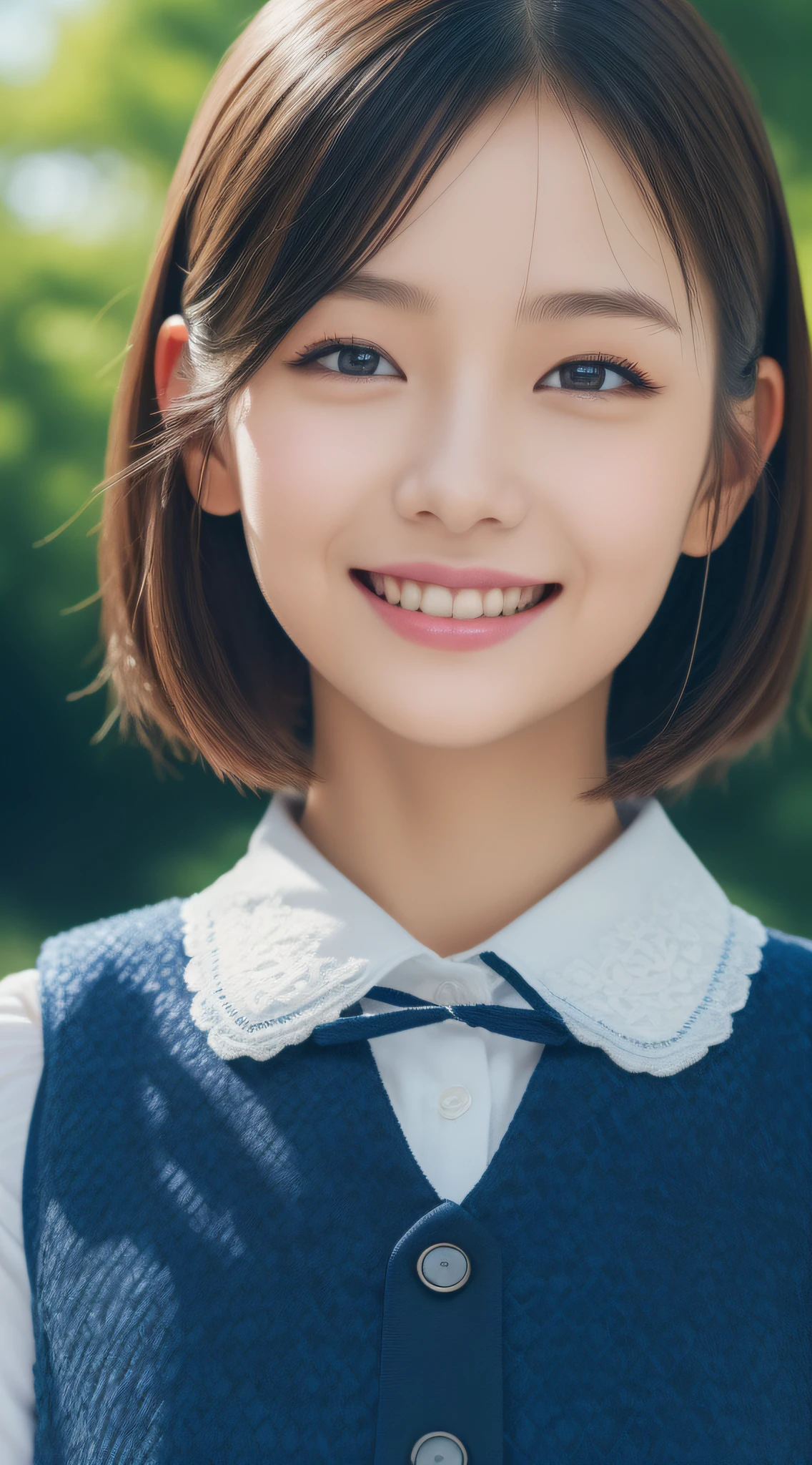 top-quality, 8K, (​masterpiece:1.3), (intricate detailes:1.2), 1girl in, 独奏, Korean Beauties, Delicate and beautiful details, (A detailed eye), (detailed facial features), tonned skin, (up looking_で_viewer), from a_front, (skiny), (top-quality:1.4), (超A high resolution:1.2), cinematric light, (Extreme detailed illustration), (lipgloss、top-quality、超A high resolution、1girl in、独奏、(Dark blue vest)A smile、校服、hyper detailed background、a park