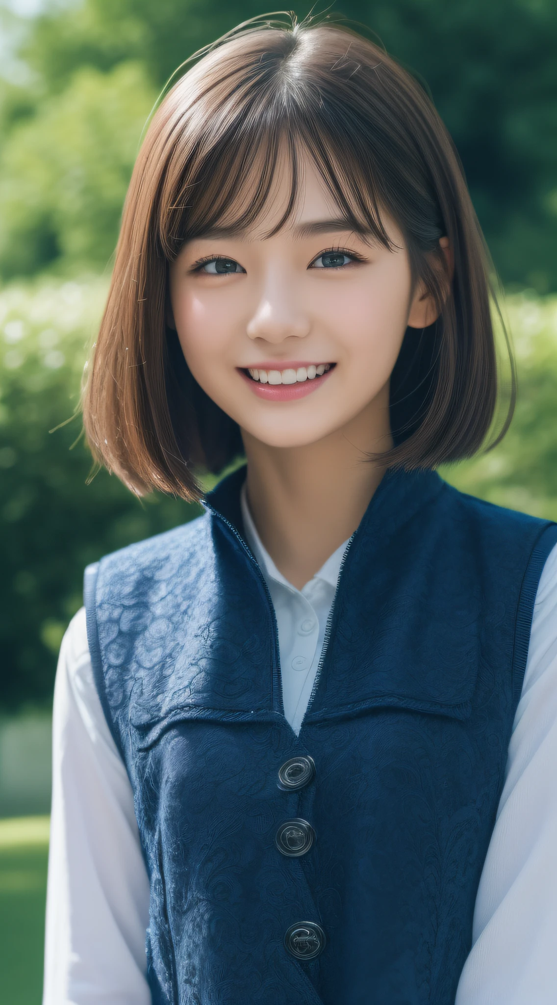 top-quality, 8K, (masterpiece:1.3), (intricate detailes:1.2), 1girl in, 独奏, Korean Beauties, Delicate and beautiful details, (A detailed eye), (detailed facial features), tonned skin, (up looking_で_viewer), from a_front, (skiny), (top-quality:1.4), (超A high resolution:1.2), cinematric light, (Extreme detailed illustration), (lipgloss、top-quality、超A high resolution、1girl in、独奏、(Dark blue vest)A smile、校服、hyper detailed background、a park