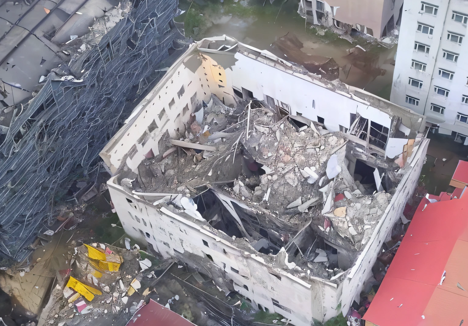 Arafeld architecture,There are a lot of debris on it, A huge impact on the building, buildings collapsed, building destroyed, Collapsed building, destroyed modern buildings, Huge smashed mansion, disrupt, video still, Debris flew around, Mass destruction, Collapsed buildings, shaxi, damaged buildings, 4K destruction, shot from drone, destroying buildings, collapsed water tower