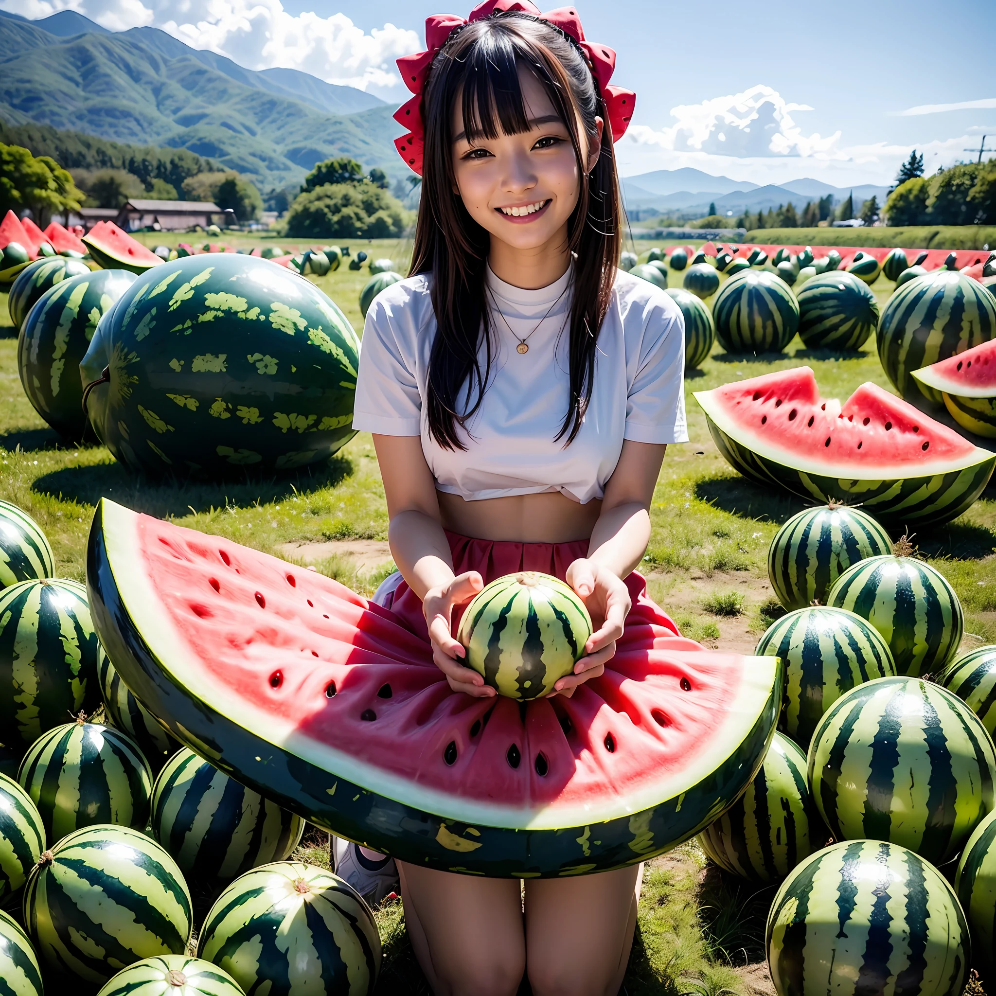 ​masterpiece、top-quality、realisitic、Photorealsitic、Watermelon-themed paradise、Teenage Japan woman in cute costume with watermelon motif、Watermelon Accessories、Eating watermelon、Surrounded by huge slices of lots of watermelons、Watermelon farm、Bright décor、A smile、Joy、dynamic ungle、动态照明