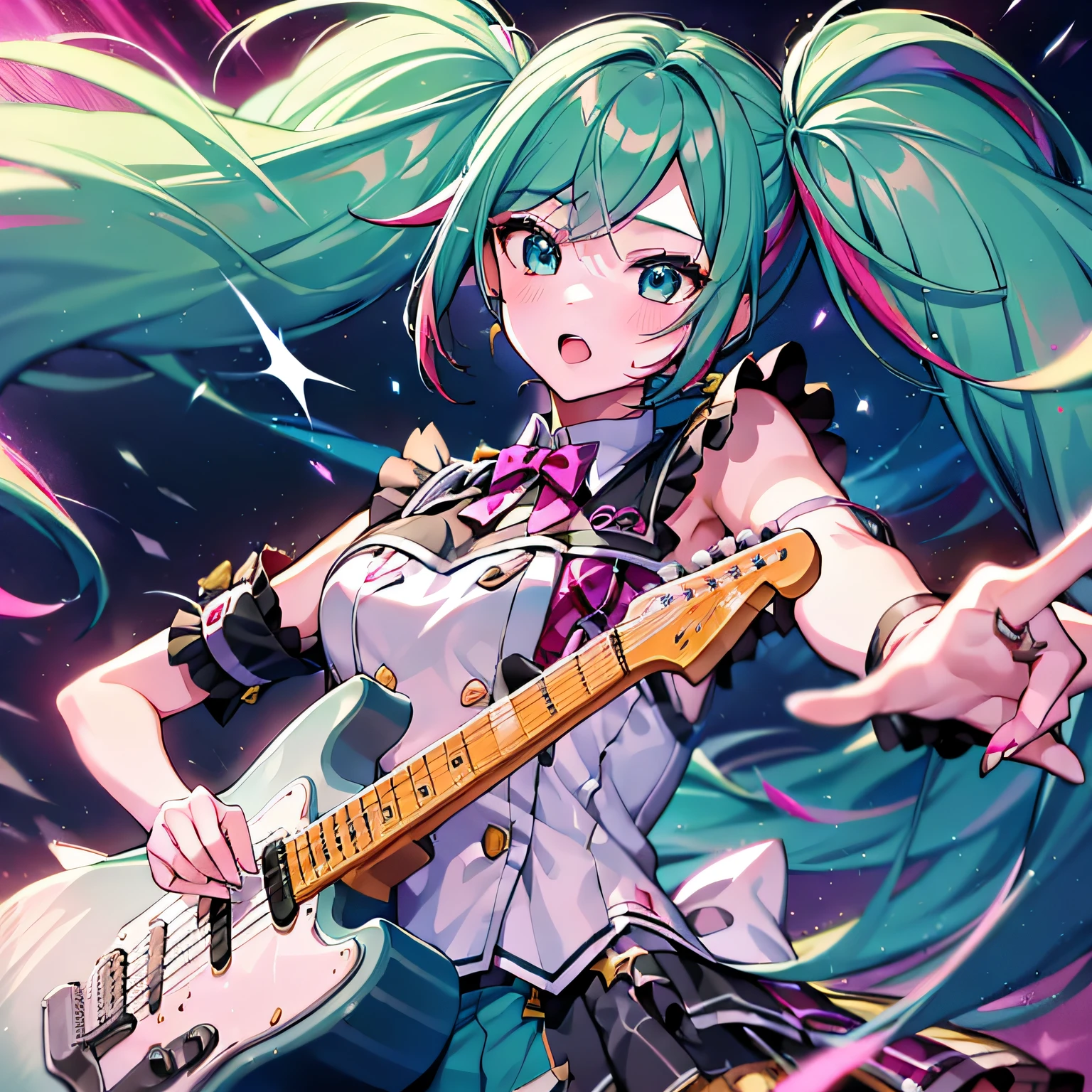 leomiku,masterpiece, best quality, ultra-detailed, illustration, an extremely delicate and beautiful, 1girl, solo ,parted_lips,live stage, playing the guitar,singing,particle of lights