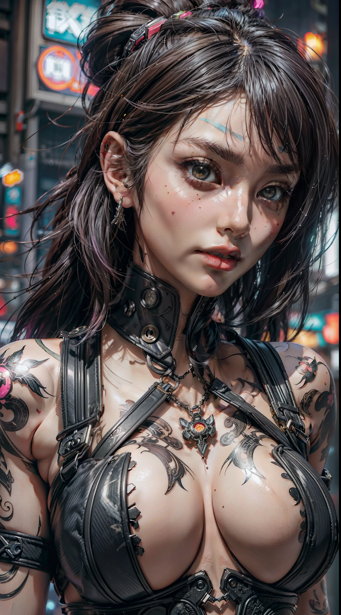 masterpiece, best quality, 1 cyberpunk girl, Harajuku-inspired cyberpunk body harness, body tattoo, bold colors and patterns, eye-catching accessories, trendy and innovative hairstyle, dazzling Cyberpunk cityscape, skyscrapers, neon signs, LED lights, bright and vivid color scheme, anime, illustration, detailed skin texture, detailed cloth texture, beautiful detailed face, intricate details, ultra detailed, cinematic lighting, dark shadows.