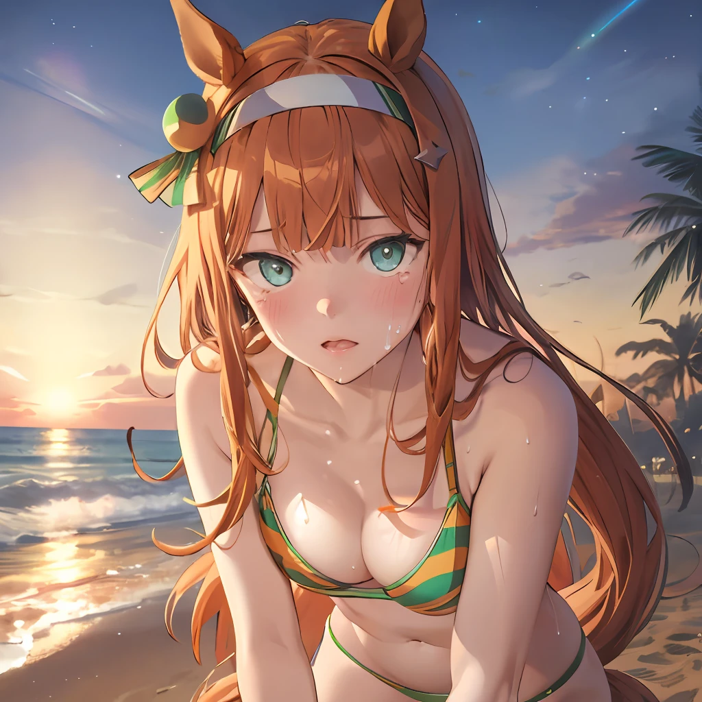 Masterpiece, Best Quality,  close up, face shot,
silence suzuka \(umamusume\),horse ears, Horse tail, running on the sand, Face surprised, bikinis, The bra shines through, the sweat,Vrosto Girl, Little Crood, Smooth skin, evening, multi-colored lights in the air,