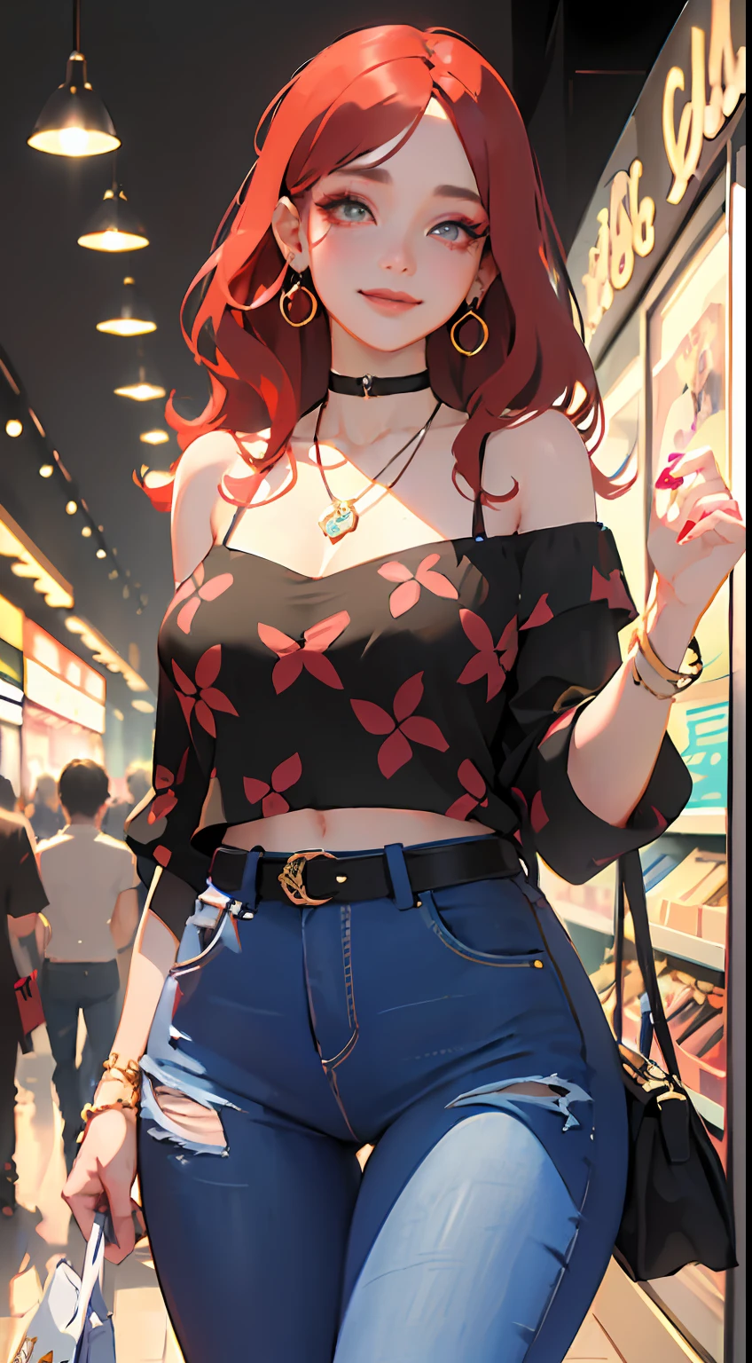 (masterpiece:1.2), (best quality:1.2), perfect eyes, perfect face, perfect lighting, 1girl, mature female, smiling, long red hair, straight hair, sophisticated haircut, stylish, single bare shoulder shirt long, music band print, jewelry, necklace, earrings, armlets, lacey choker, belt, low cut black jeans, thick eyelashes, makeup, eyeshadow, detailed mall background, crowd