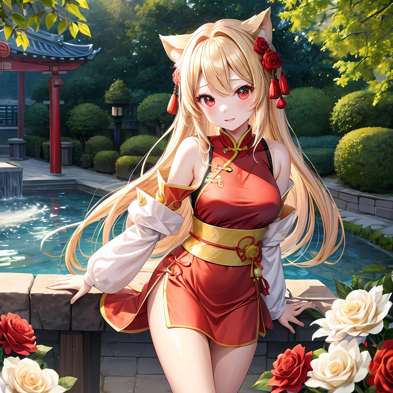a blond、red eyes、Beautiful girl alone、kawaii、独奏、animesque、Chinese clothing、off shoulders、a miniskirt、rose garden