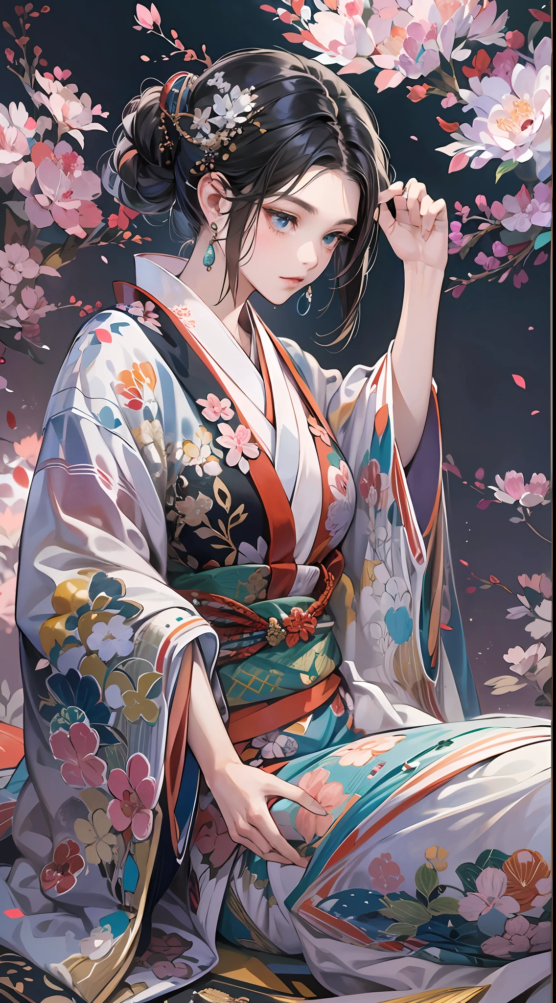 (Masterpiece, Top quality, Best quality, offcial art, Beautiful indulgence: 1.2), (Japanese dress), arms back behind, (Upper body only), (1 girl: 1.3), Japan  Woman, Very detailed, Colorful, best detail ((Super detailed)), (Very detailed 2DCG illustration), (((Very delicate and beautiful)) (Seated), Expressionless, Black hair, kanzashi, Earrings --auto --s2