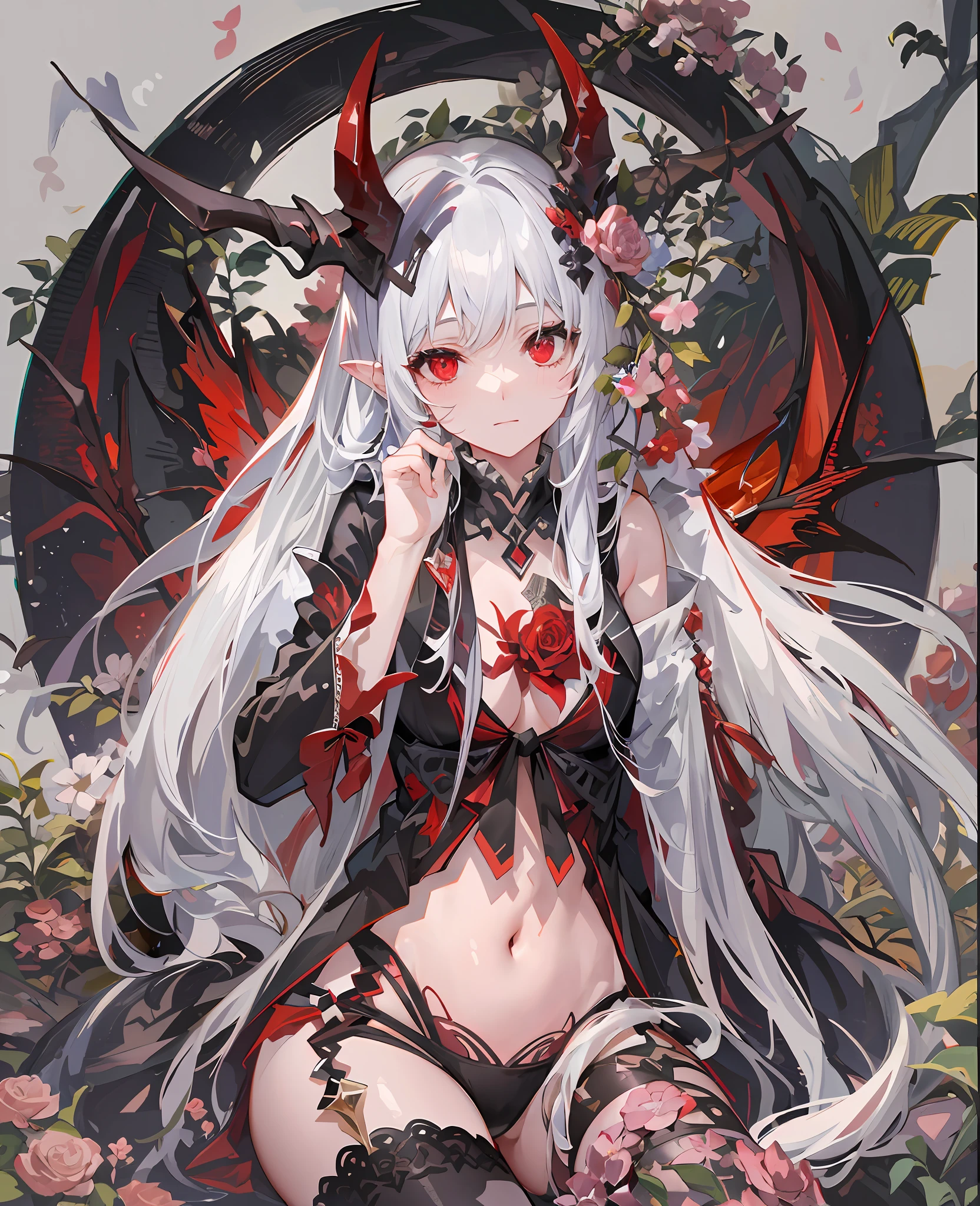 (masterpiece),(best),(Highly detailed eyes)full body Esbian,symple background,Sitting,1 Devil Girl,long shiny hair,white hair,Red Eyes、((demonic horns、Devil's Wings、Devil's Tail))、feathers hair ornament,White cloak,(see -through),Navel,Pale smile,a plant,florals,fullmoon,Detective theme,((Black legwear)),chains,Ruins, 1gir, In flowers,Black_bikini of,1 flower girl,Navel,