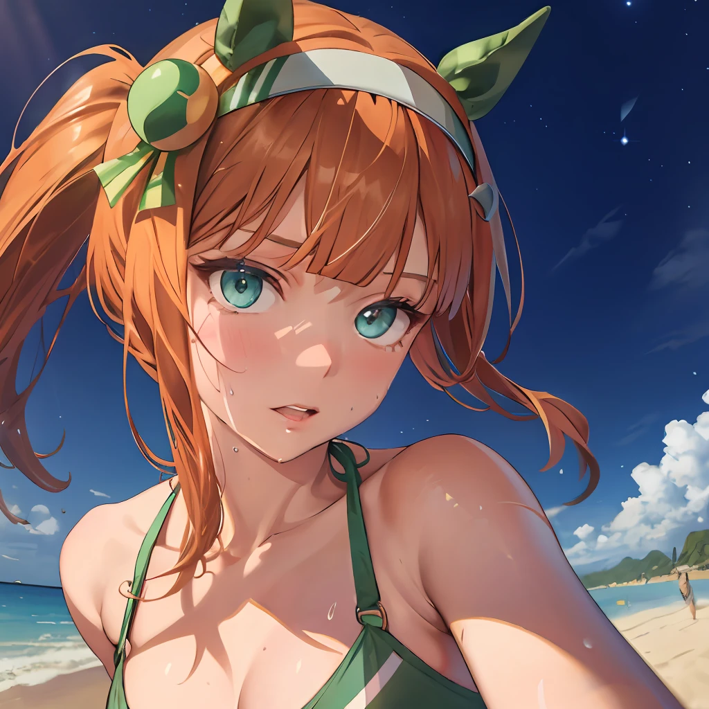 Masterpiece, Best Quality,  close up, face shot,
silence suzuka \(umamusume\),horse ears, Horse tail, running on the sand, Face surprised, bikinis, The bra shines through, the sweat,Vrosto Girl, Little Crood, Smooth skin, evening, multi-colored lights in the air,