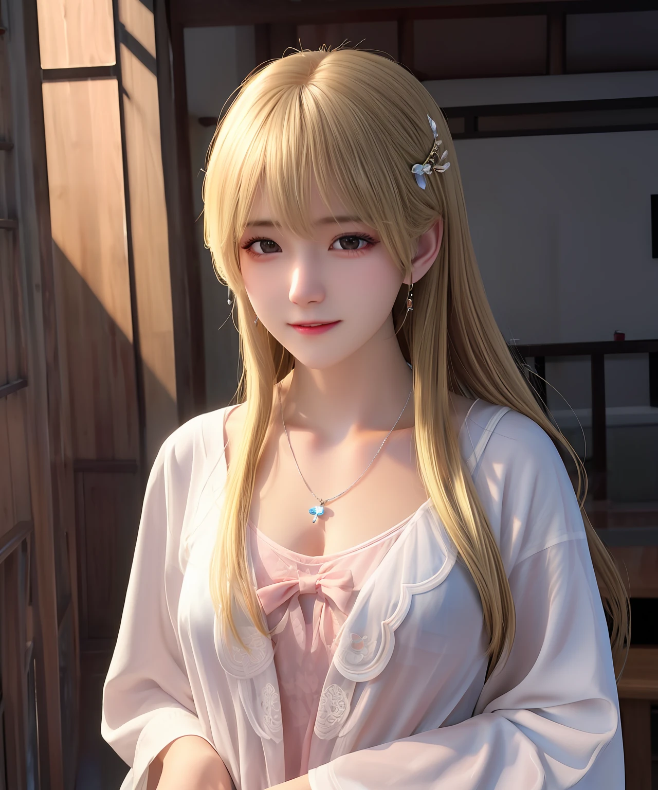 top-quality、​masterpiece、Hi-Res、女の子 1 人、tshirts、hair adornments、a necklace、jewely、beautiful countenance、upon_body、Tindall Effect、Photorealsitic、Dark studio、Rim Lighting、two tone lighting、(high-detail skin:1.2)、8k uhd、Digital SLR, softlighting, hightquality, Volumetric lighting, Frankness, a picture, hight resolution, 4k, 8k, A Japanese Lady,The right half of the hair is blonde,The hair on the left half is black