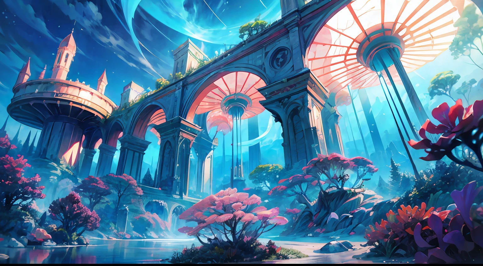 Masterpiece, High Quality, Ocean Forest, City, Fantastic Fantasy, Glowing Plants, Coral Viaduct, (Swarm of Glowing Jellyfish), (Shoal of Fish with Transparent Wings Flying in the Sky), Misty, Extreme Detail, Morning Light, Epic Composition, (Intricate Detail), (Intricate Design, Ultra Detail: 1.2), Art Station, (Masterpiece, Best Quality), Ultra HD, 32k ,castle,1girl