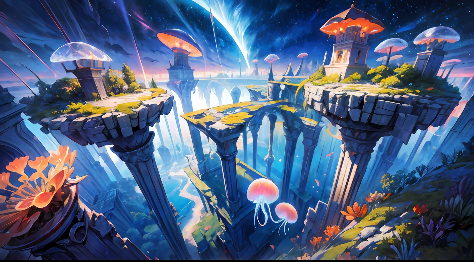 Masterpiece, High Quality, Ocean Forest, City, Fantastic Fantasy, Glowing Plants, Coral Viaduct, (Swarm of Glowing Jellyfish), (Shoal of Fish with Transparent Wings Flying in the Sky), Misty, Extreme Detail, Morning Light, Epic Composition, (Intricate Detail), (Intricate Design, Ultra Detail: 1.2), Art Station, (Masterpiece, Best Quality), Ultra HD, 32k ,castle,1girl