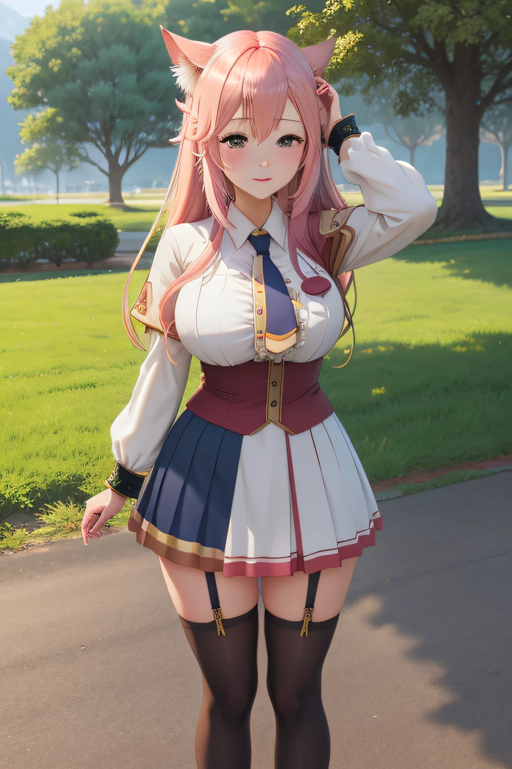 Enome 1girl， long whitr hair， nedium breasts， Blushlush， ssmile， A pink-haired， tiese， school ground ， （hentail realism）， （tmasterpiece：1.2）， （best qualtiy）， （ultra - detailed）， （8K， 4K， 复杂）， （full body shot of：1）， （85mm）， light particules， illuminating， （highly  detailed：1.2），（Detailed face：1.2）， （Gradient）， sfv， a color， （Detailed eyes：1.2）（detailedbackground）， detailed scenic view， （dynamic angle：1.2）， （dynamicposes：1.2）， （third_composition：1.3）， （Line of action：1.2）