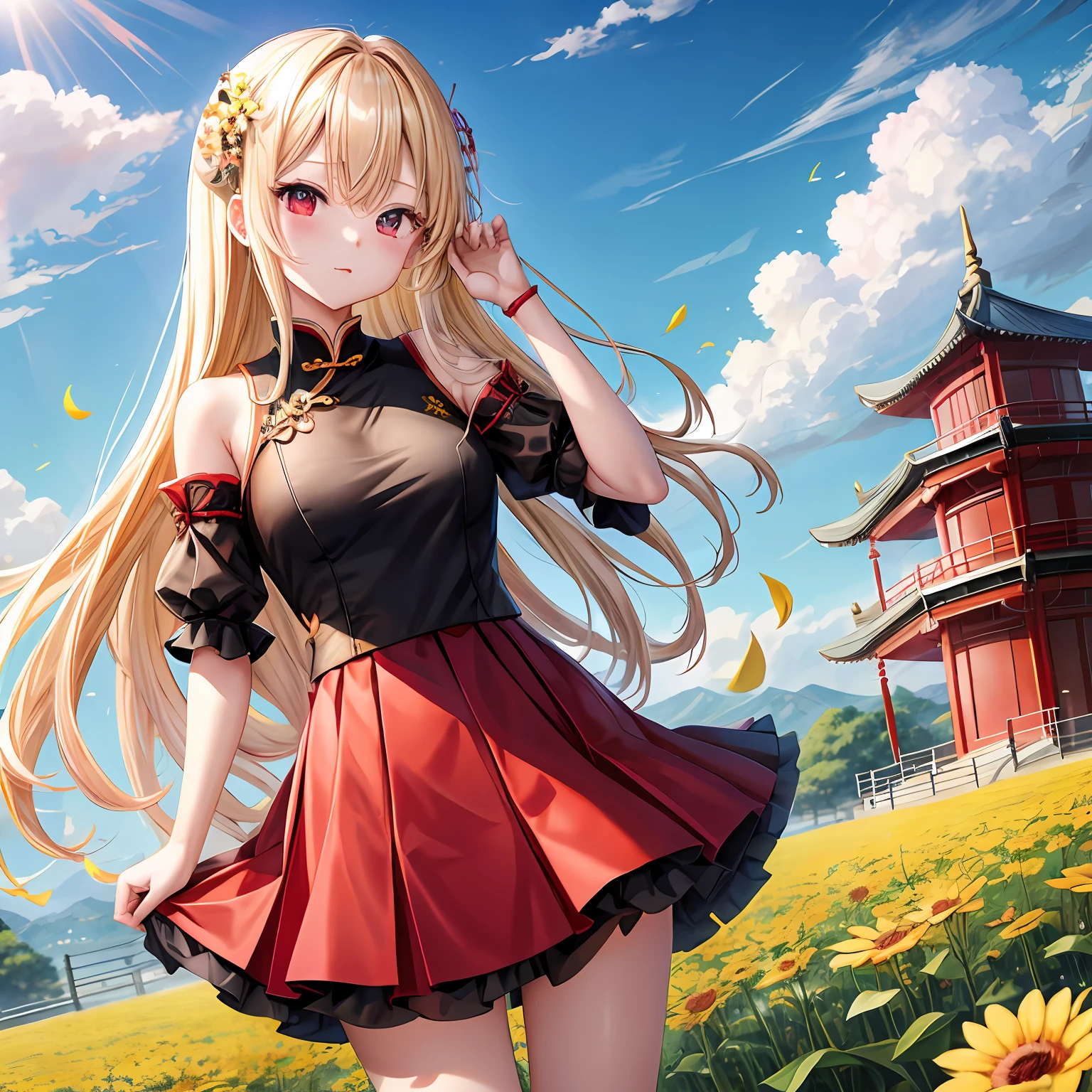 a blond、red eyes、Beautiful girl alone、kawaii、独奏、animesque、Chinese Black Clothes、off shoulders、a miniskirt、flower field
