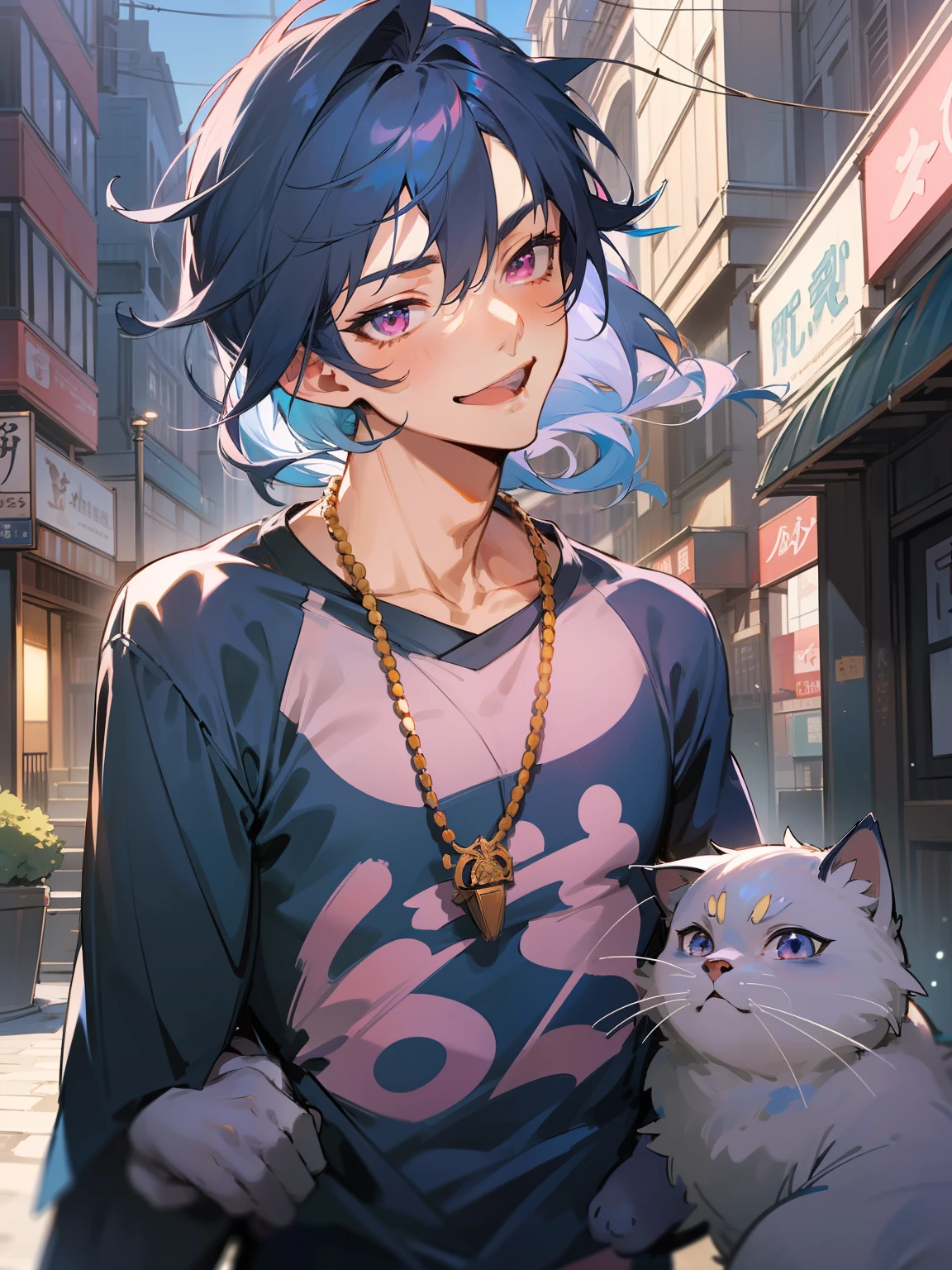 Ultra Detail,Haig Quality,sketch,1boy,matured male,Beautiful face,(Navy blue hair,Outer hair:1.3),Handsome men,Pearl skin,black tshirt,Moss Green Mod Coat,Dynamic Angle,Japan Anime,Pink eyes,Laugh,Like a cat's eye,city,male in his 20s,