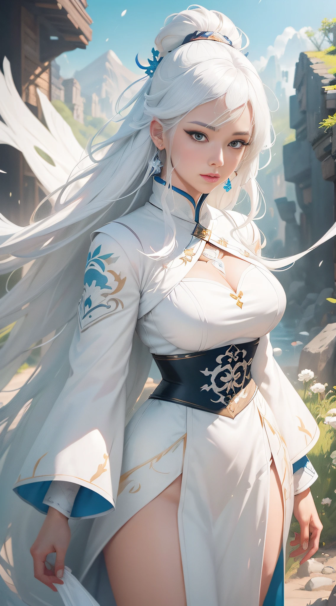 Close-up of a woman with white hair and a white mask，Belle peinture de personnage，Guviz，Guviz-style artwork，white-haired god，Yang J，Epic and beautiful character art，Stunning character art，FAN Qi，Wu Zhun Shifan，Guvitz at the Pixiv Art Station,dynamic action,dyna,（low  angle shot:1.2）