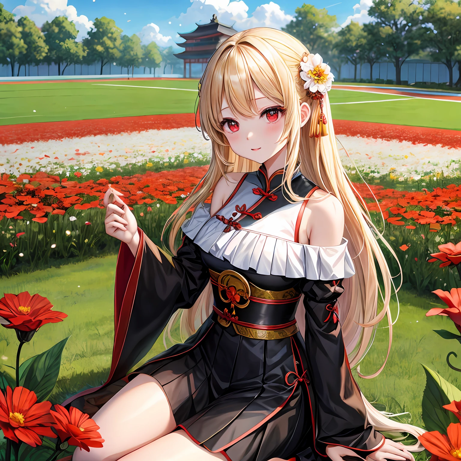 a blond、red eyes、Beautiful girl alone、kawaii、独奏、animesque、Chinese Black Clothes、off shoulders、a miniskirt、flower  field