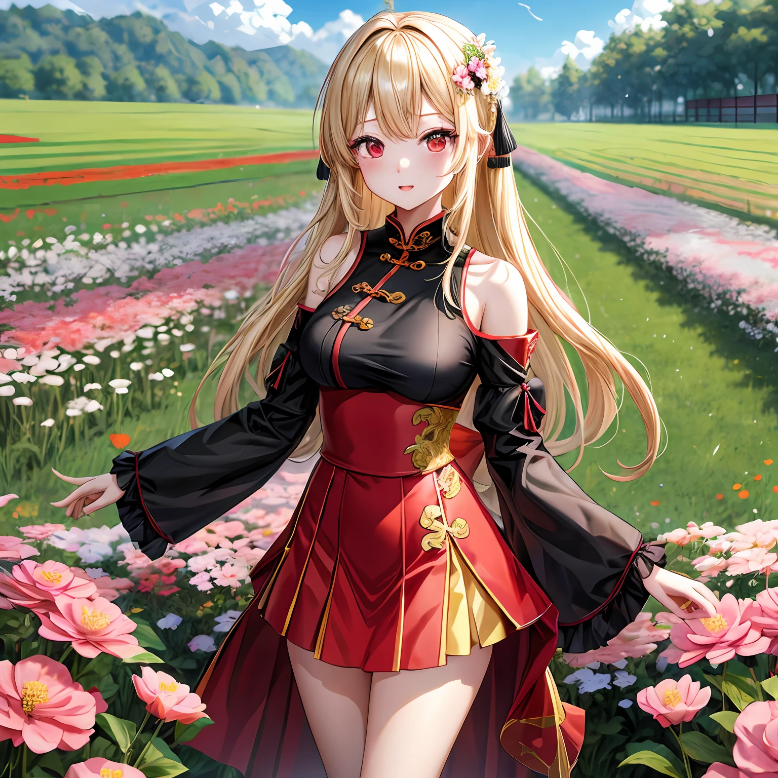 a blond、red eyes、Beautiful girl alone、kawaii、独奏、animesque、Chinese Black Clothes、off shoulders、a miniskirt、flower field