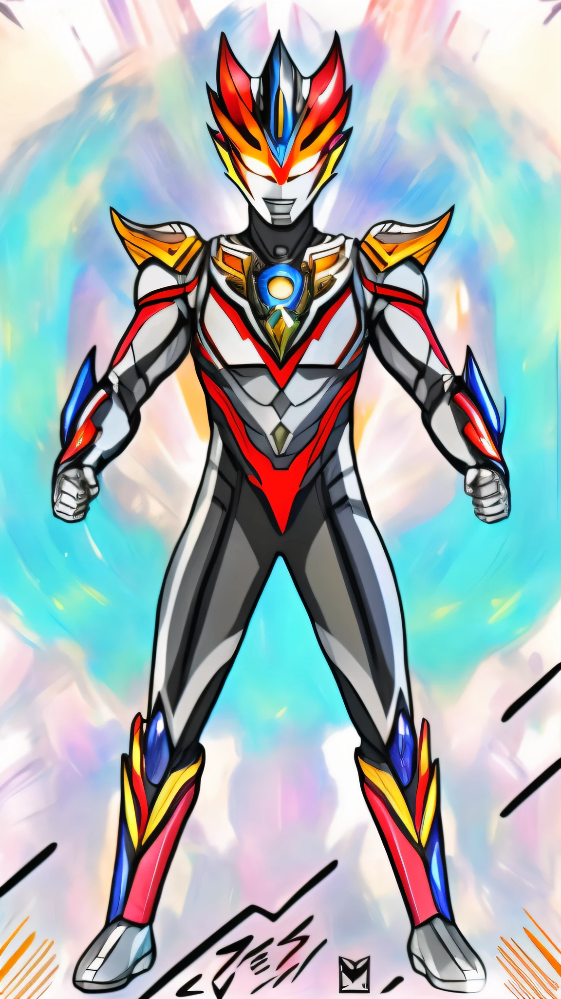 a drawing,A man in a colorful suit, an epic anime of a energy man, full body concept, cyber fight armor, ultra hyper-detailed, new costume concept design, Humanoid form, transforming into his final form, cyber japan style armor, ultra mega super hyper detail, cybernetic flame armor, tokusatsu suit vaporwave