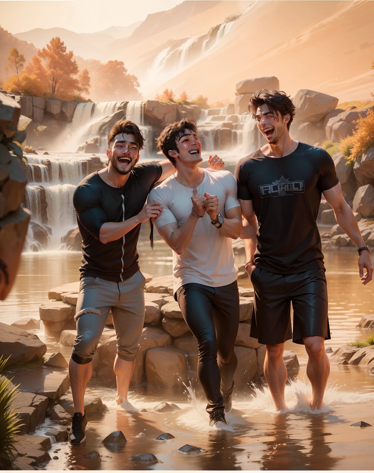 3 College handsome friend laughing, waterfall, Ultra realistic, 8k