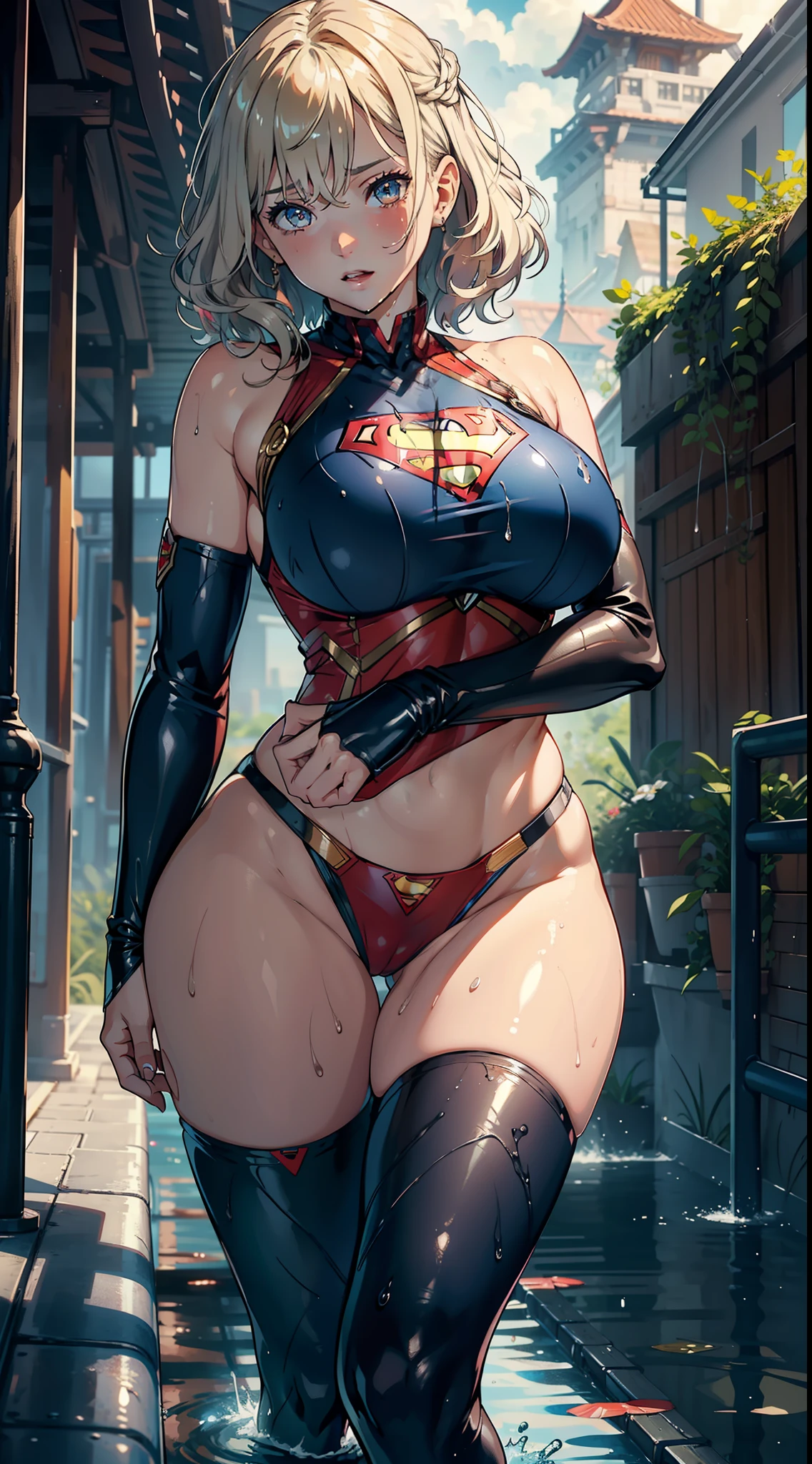 1girll,Huge breasts, She's wet, Erotic Superman uniform,Supergirl,Tong,比基尼,Take aphrodisiacs,Lewd expression, exteriors, Skysky,the night, blond hairbl,short detailed hair, exposed bare shoulders, standing on your feet,Hands over chest,fully body photo,Bigchest, wetclothes, From the front side, curlies, mostly cloudy sky, Wet hair (((tmasterpiece),(Very detailed CG unity 8K wallpaper),best qualtiy,Open-mouthed,drools,1girll,cinmatic lighting,detailed back ground,beatiful detailed eyes,Bright pupils,(Very fine and beautiful),(Beautiful and detailed eye description),ultra - detailed,tmasterpiece,)),facing at camera,Leakage out of the breast,Expose the genitals,nakeness,leering,Protruding ,Camel toes,cleavage,legs are open,Climactic expression,
