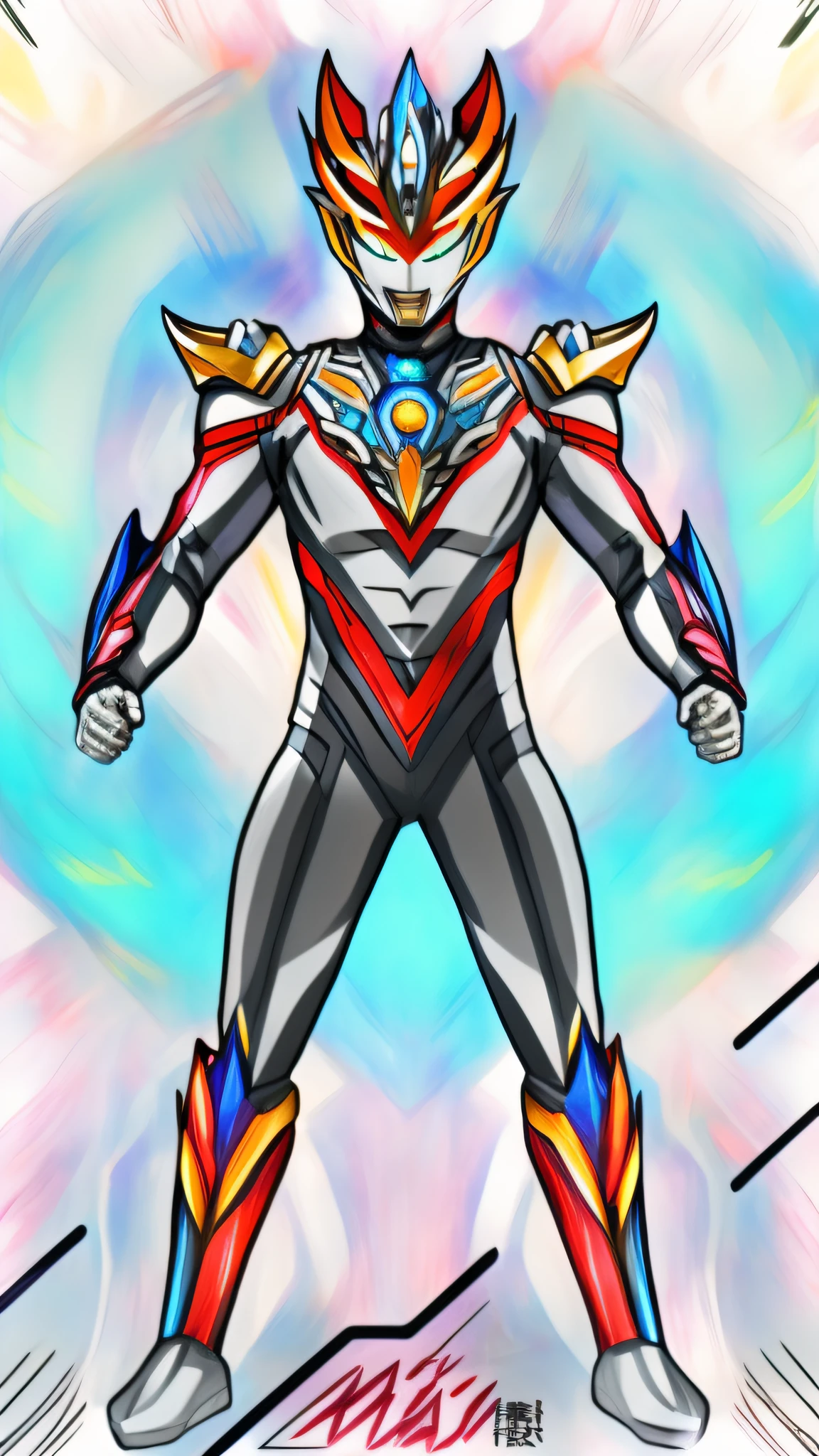 a drawing，A man in a colorful suit, an epic anime of a energy man, full body concept, cyber fight armor, ultra hyper-detailed, new costume concept design, Humanoid form, transforming into his final form, cyber japan style armor, ultra mega super hyper detail, cybernetic flame armor, tokusatsu suit vaporwave