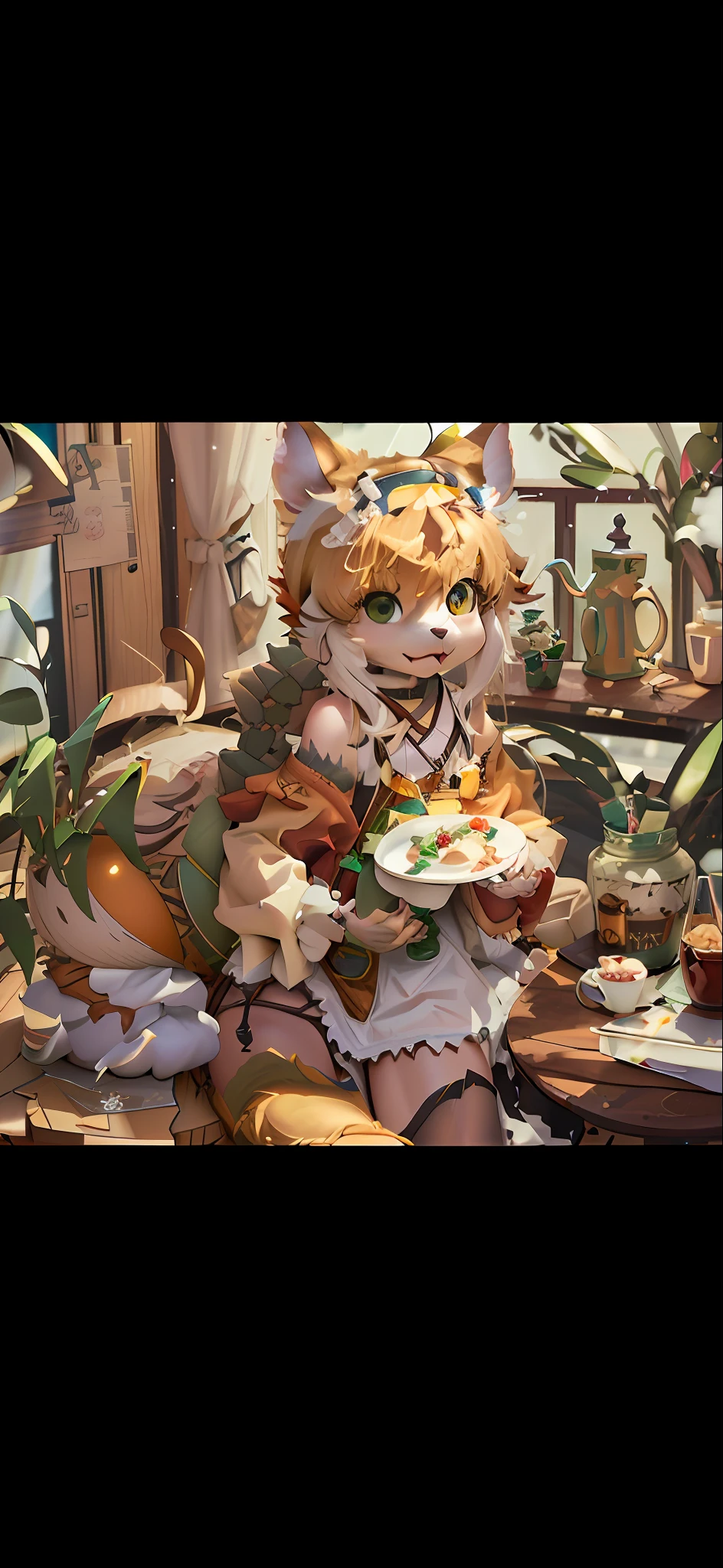 There was a cat sitting on the table，Holding a plate of food in his hand, very very beautiful furry art, Furry art!!!, furry fantasy art, POV furry art, Cute detailed digital art, fursona furry art commission, commission for high resolution, Detailed fanart, female furry mini cute style, Furry art, 8K high quality detailed art, commission on furaffinity，hairy arms