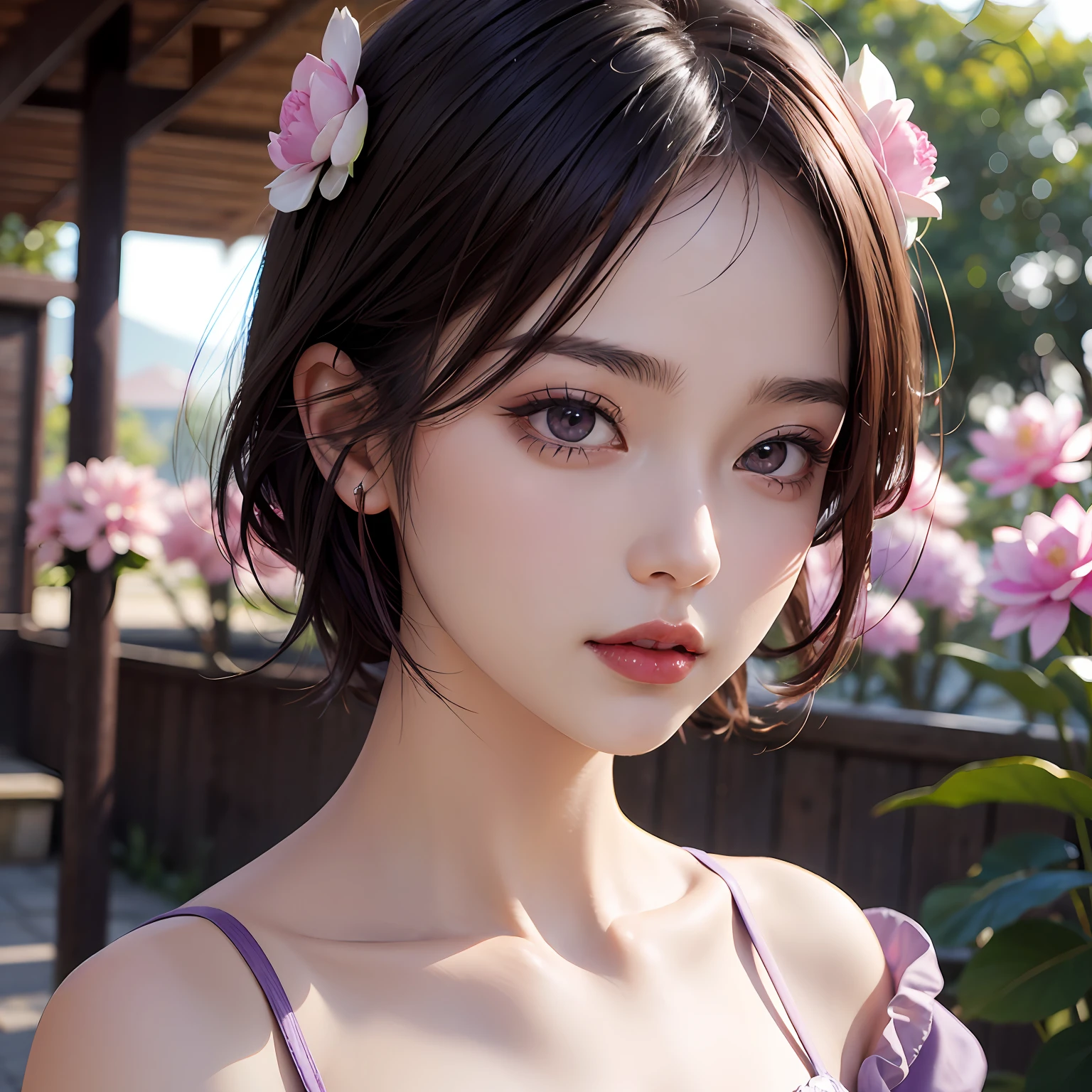 gentle and lovely, A beautiful playful girl，Blood red lips，Ultra-detailed close-up of eyes，Short hair，Realistic close-up，Purple top，Wear a purple lotus hair ornament，4K，A high resolution，clean and refreshing background，and its delicate skin，tmasterpiece，Best quality details，Clear focus，（Outdoor lighting），鎖骨，[:(detail in face:1.2:0.2]