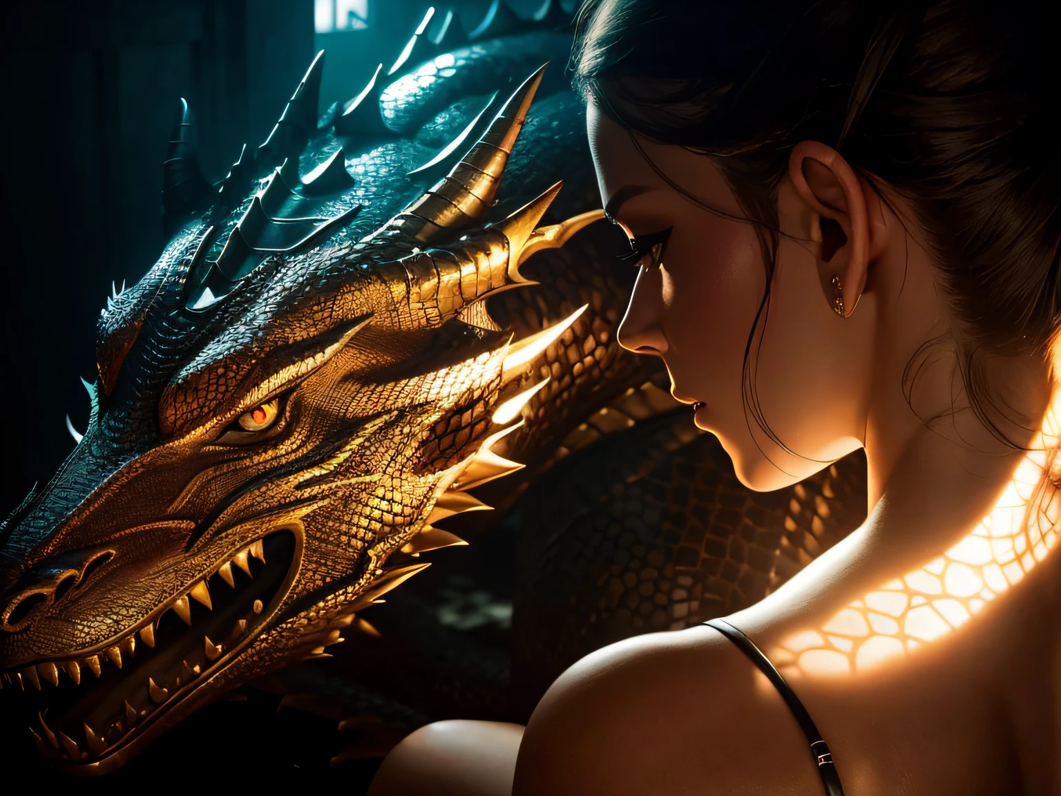 The Girl and the Dragon, hyper realism, makeup, reflection light, backlighting, from above, Nikon, 135mm, textured skin, 8k, masterpiece, anatomically correct