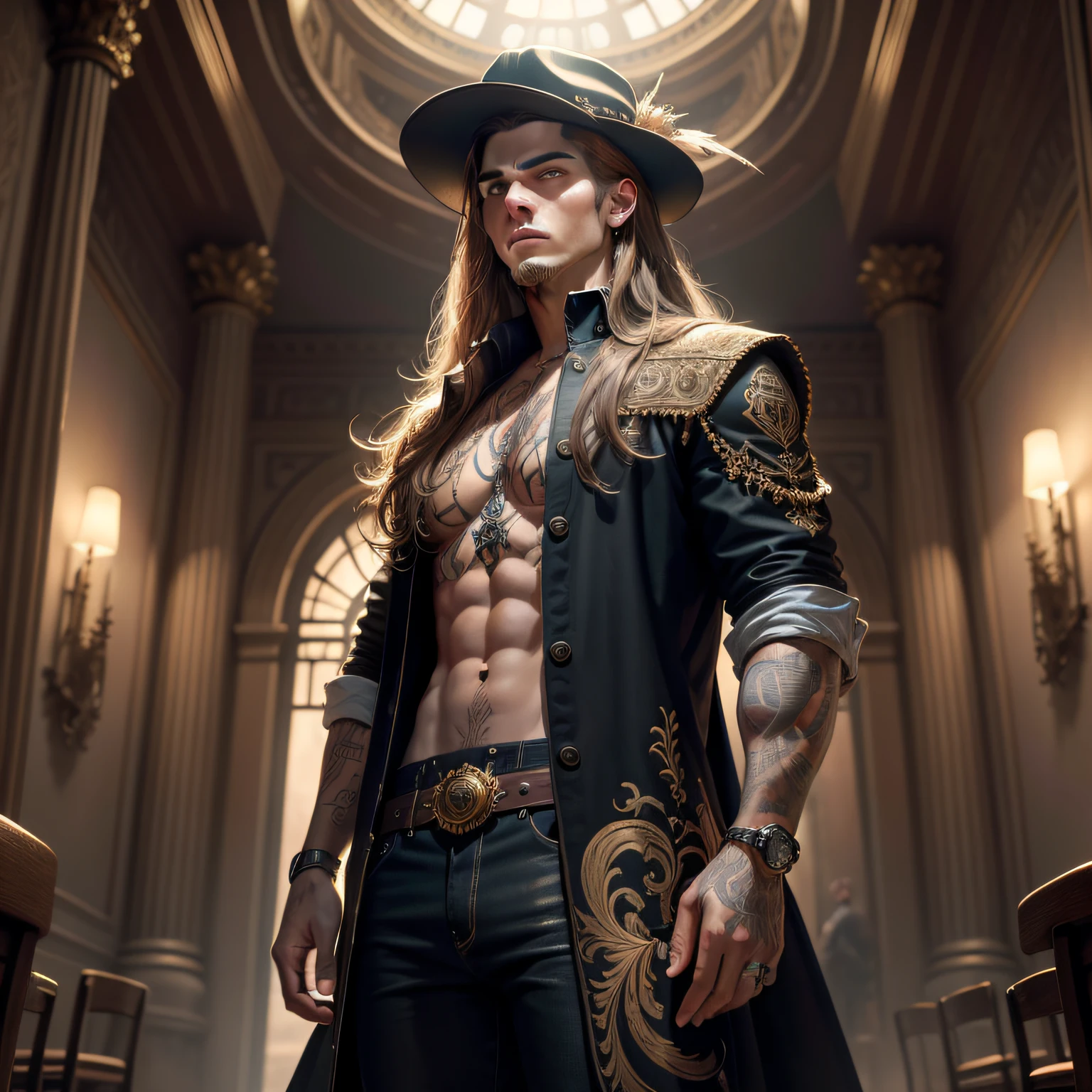 masterpiece, best quality, realistic, 1male, solo, 20-year-old, long hair, wearing hat, gotic, tatoo, intricately detailed face, cool man, cinematic scene, theater background, dramatic light, 8k, determined look, Intricate details, highly detailed, Sharp focus, a digital rendering, professional, 4K, art stations, Art germ, fantasy, full body, elegant, perfect face, theater