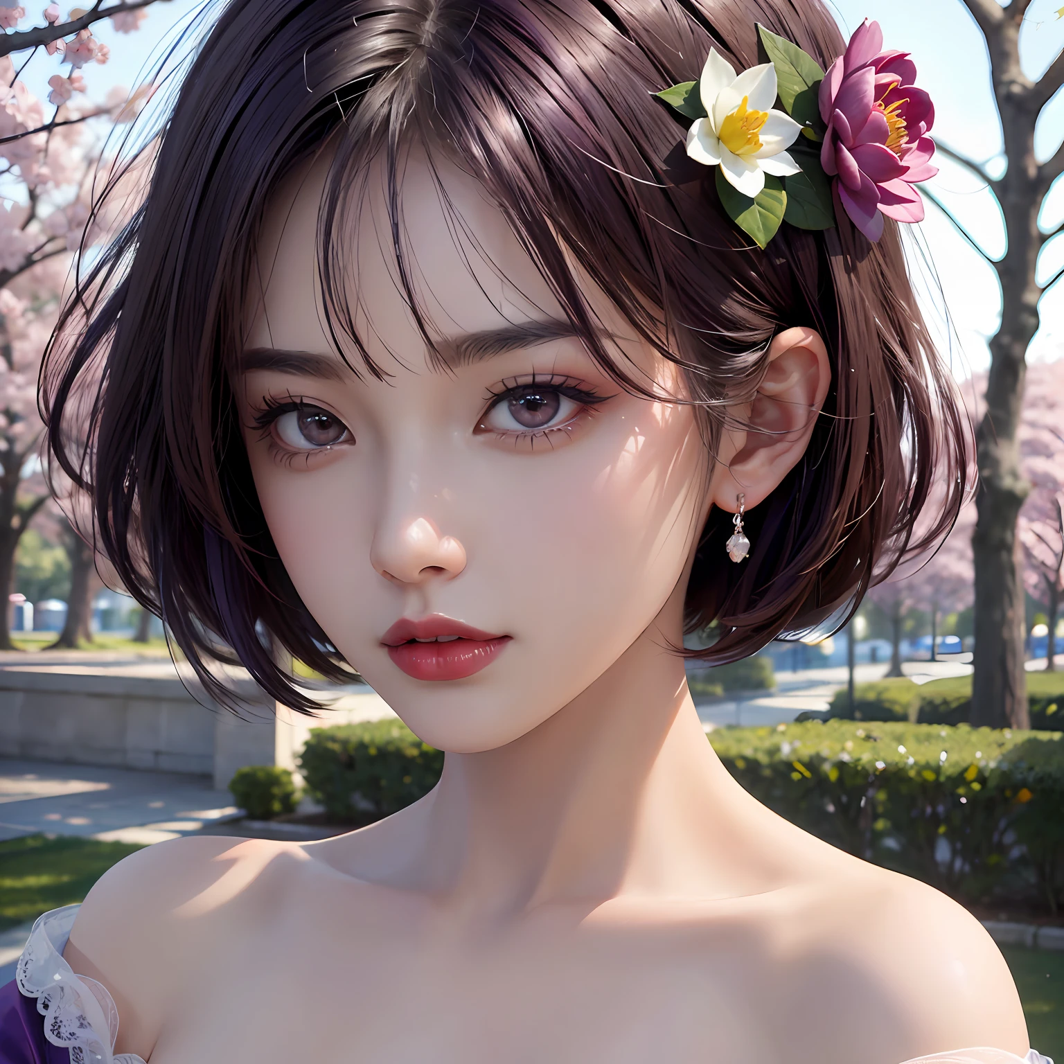 gentle and lovely, A beautiful and naughty girl，Blood red lips，Ultra-detailed close-up of eyes，Short hair，Realistic close-up，Purple top，Wear a purple lotus hair ornament，4K，A high resolution，clean and refreshing background，and its delicate skin，tmasterpiece，Best quality details，Clear focus，（outdoors lighting），鎖骨，[:(detail in face:1.2:0.2]