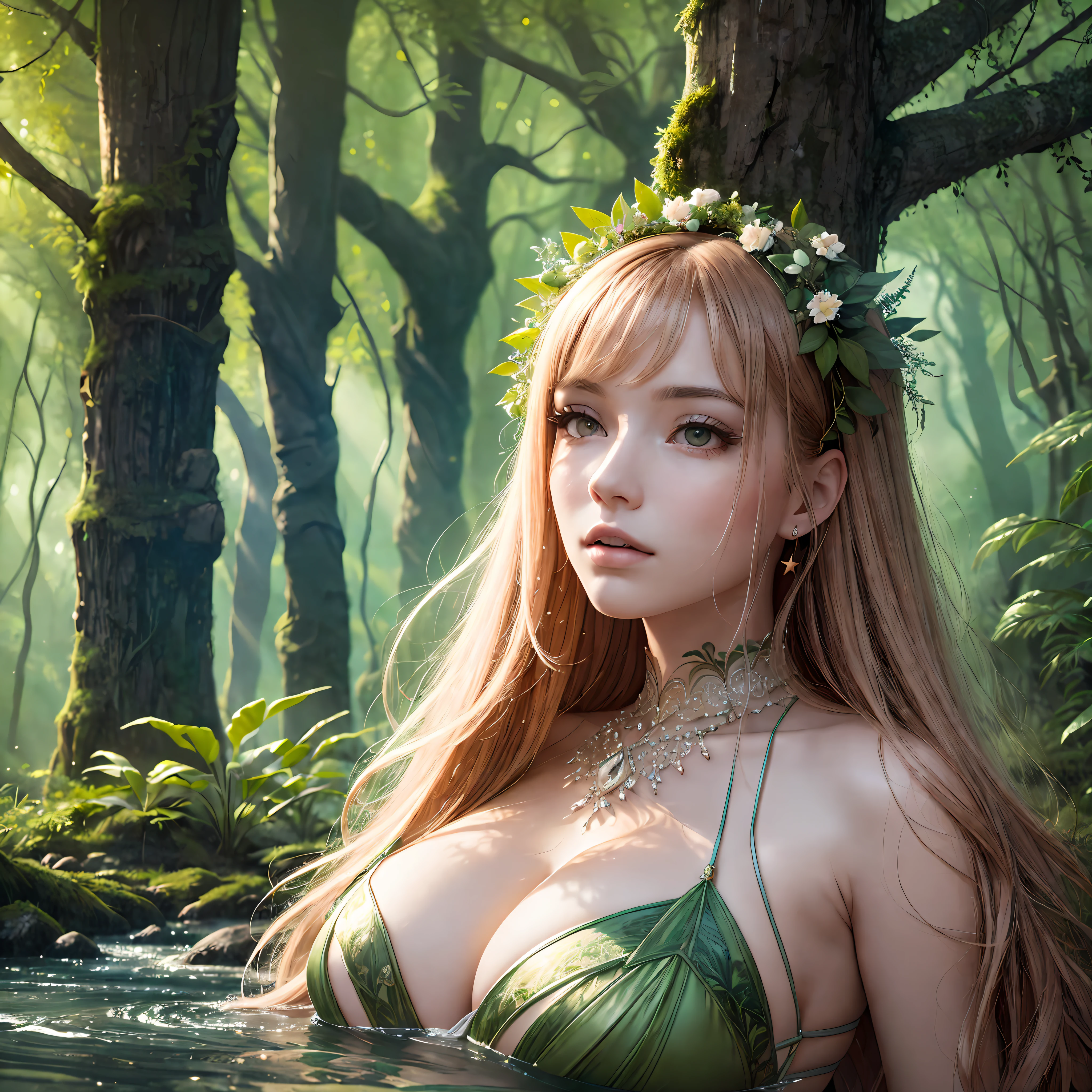 Illustration of a hyperrealistic scene, Otherworldly, Ultrasky with an entire giant crystal tree body, une femme splendide, of inhuman beauty, comme un ange, sensuelle et libre, Highly detailed and magical lighting, Intricate forest details, vegetation and a river around, un solarpunk, un paysage, A giant tree, Beautiful foliage with beautiful lighting and realistic proportions, cinematic background, 8k, of the highest quality, A masterpiece, Clouds and stars in the sky