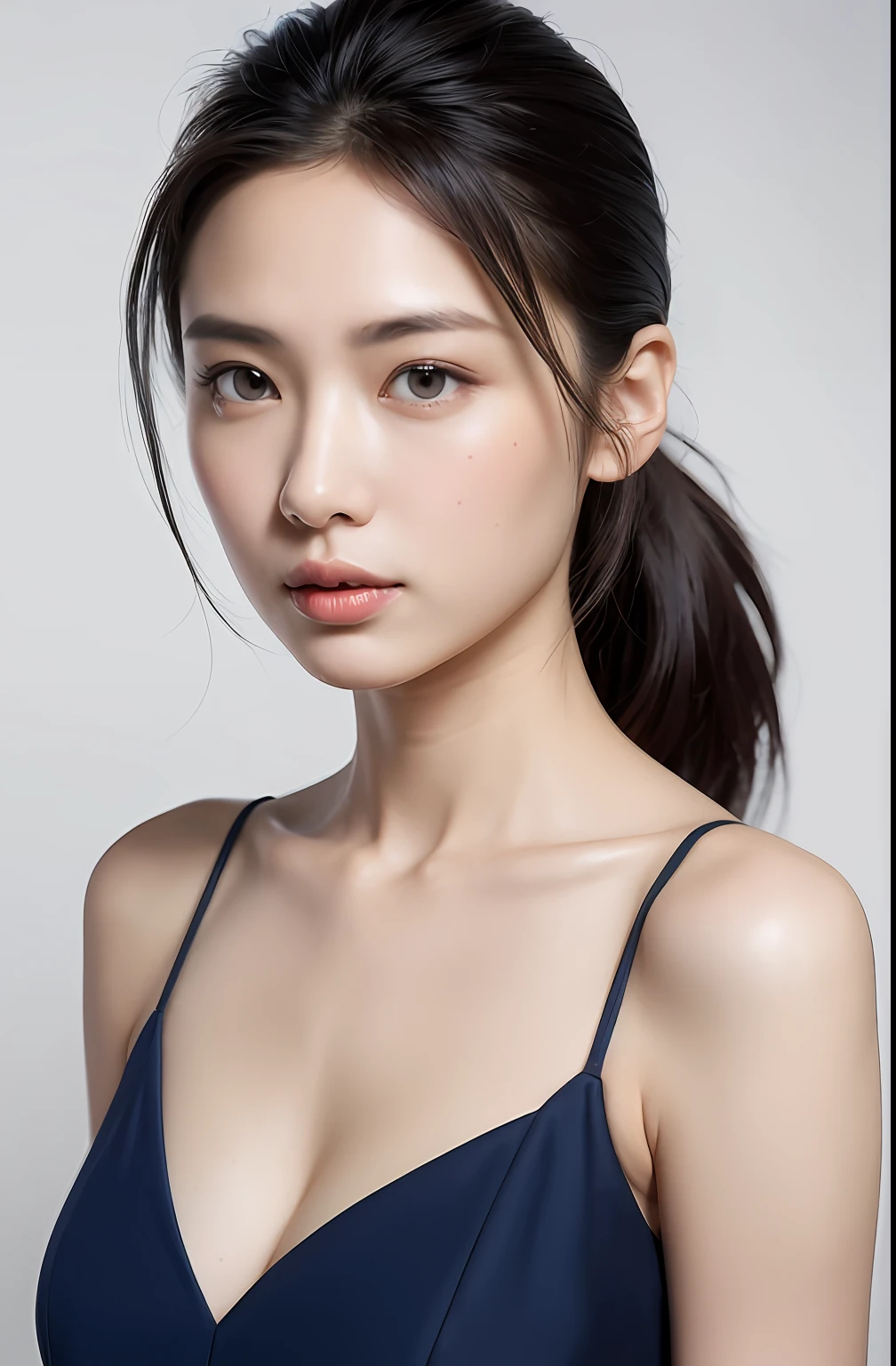 ( (8K:1.27), Best Quality, Masterpiece, Ultra High Resolution:1.2) Photo Beautiful Japanese Woman (Beauty:1.1) (blue dress) , fantasy, detail, geometry, gradient lighting, 1girl, delicate skin, looking at the viewer, brown eyes, (high ponytail: 1.2), (medium breast: 1.0), (Photorealistic:1.4), (Best Quality:1.0), (Ultra High Resolution:1.0), 8K, RAW Photo, (Masterpiece:0.2), (pureerosface_v1:0.5), night, city