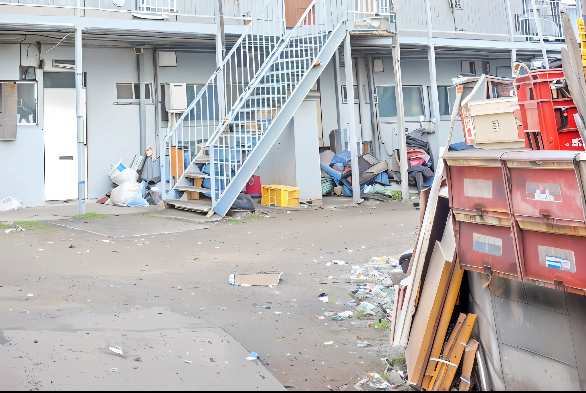 A truck is parked outside a building with stairs, highres photograph, Scattered belongings, highres photograph, highres photograph, Clean post-processing, yd, Awkward, photo taken on a nikon, Many years have passed, Heaps of garbage and junk, File Photo, News Photos, high-resolution photo, Portlet photo, Complex masterpieces